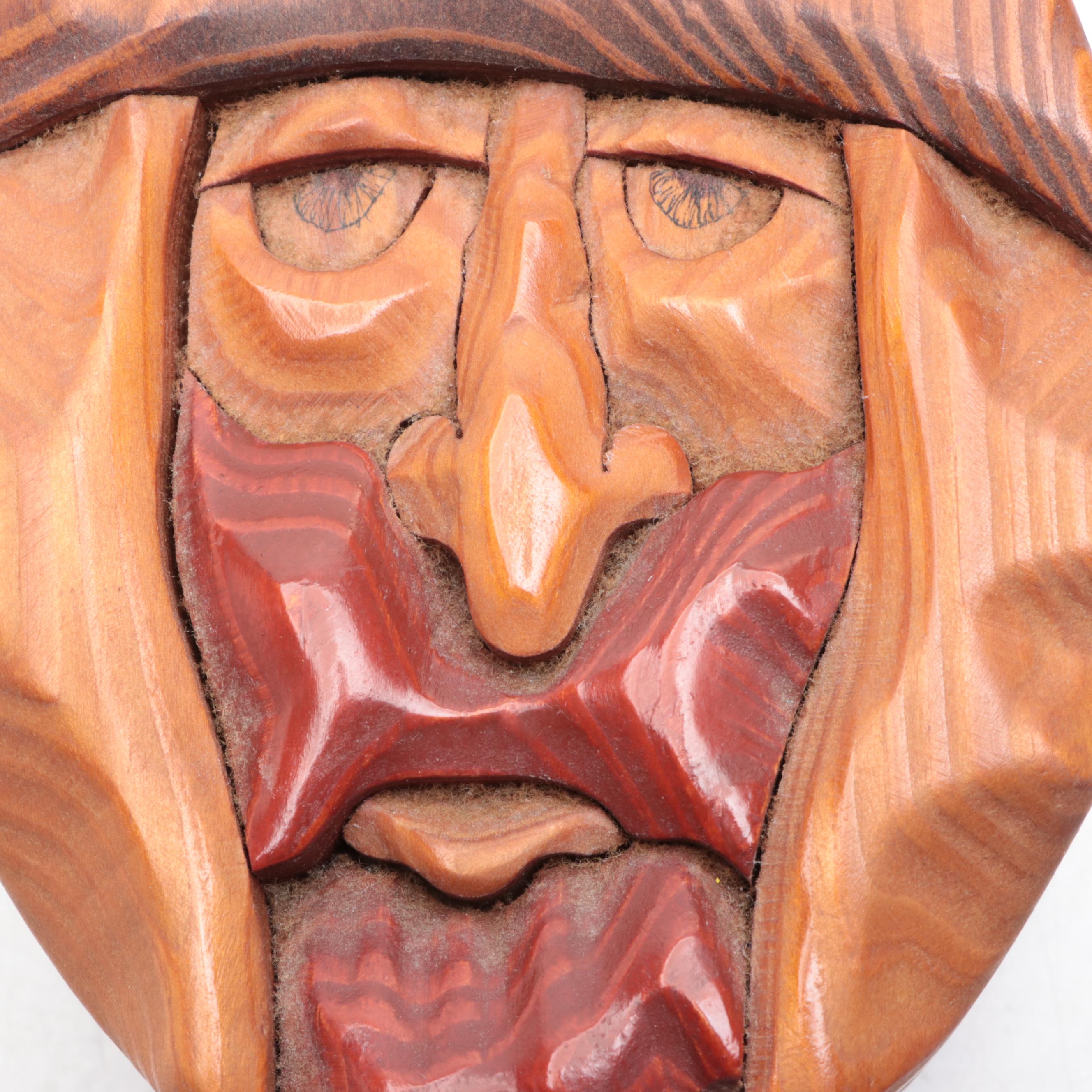 Artist Signed Hand-Carved Wood Box of Man's Face