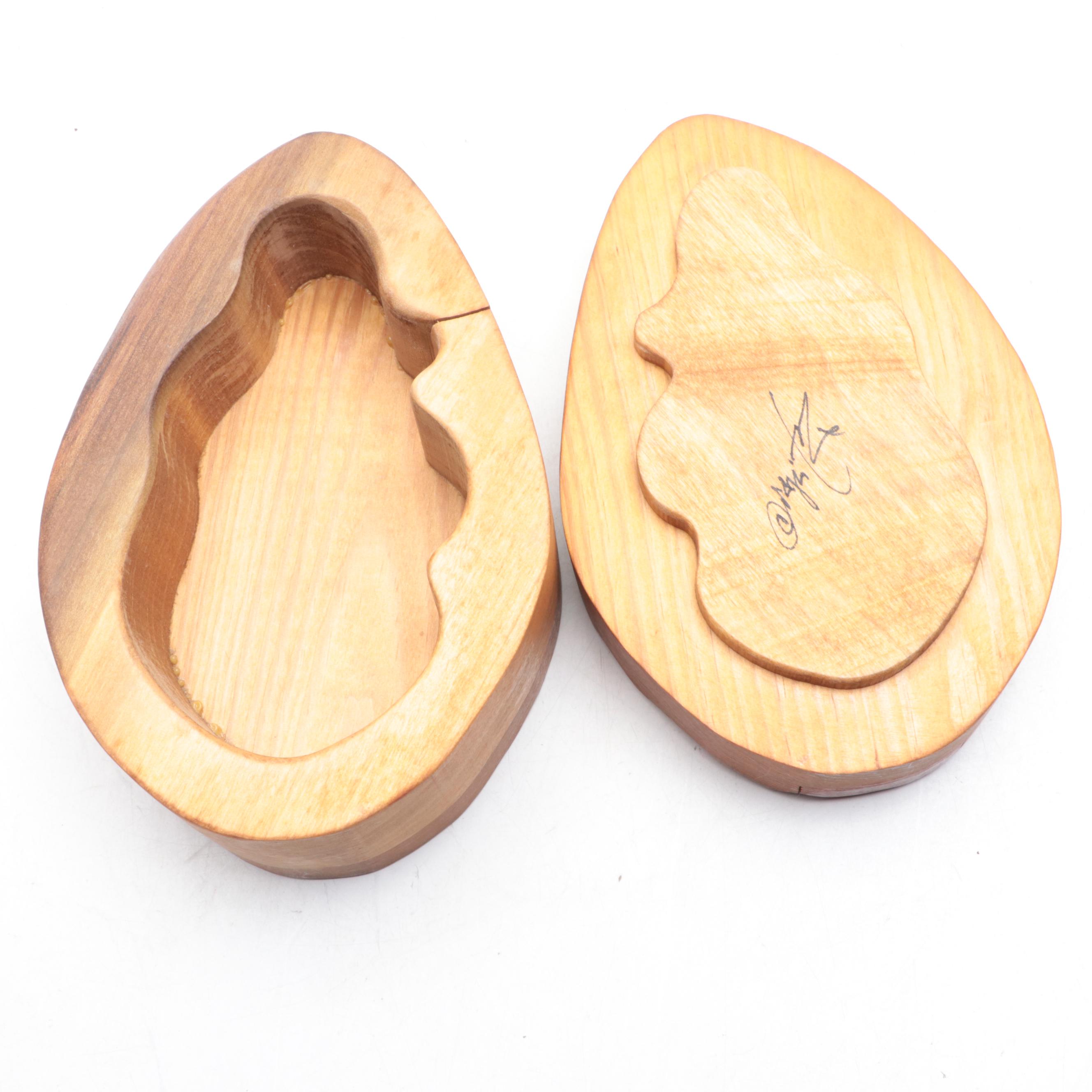 Artist Signed Hand-Carved Wood Box of Man's Face