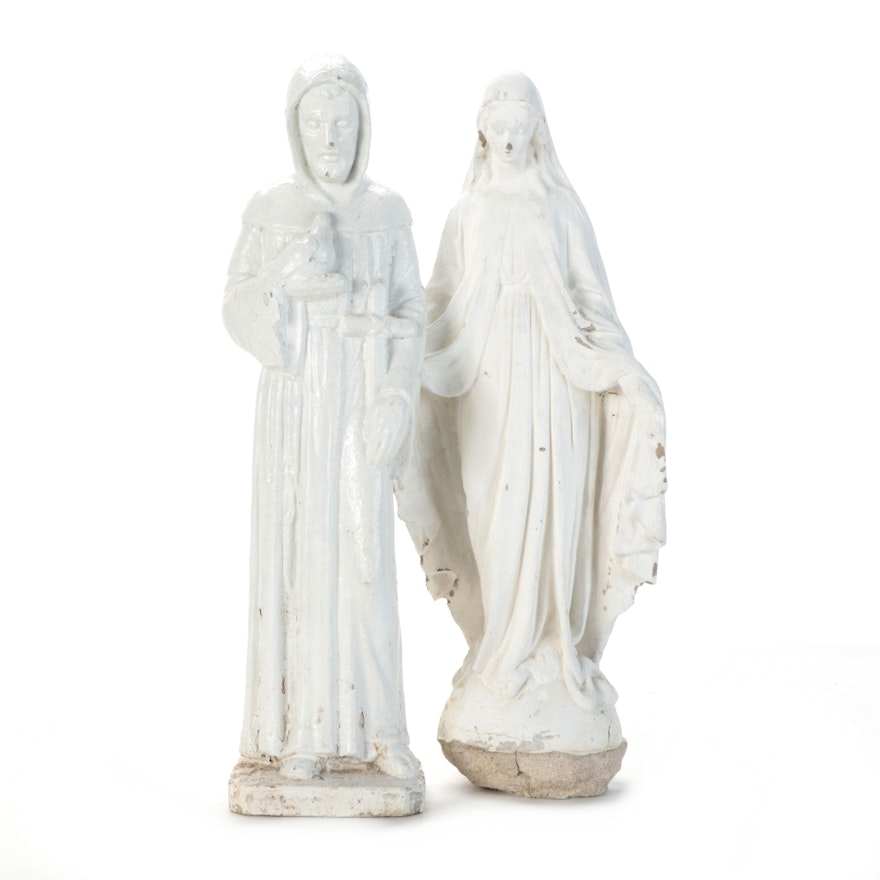 Painted Concreate Virgin Mary and St. Francis of Assisi Garden Statues