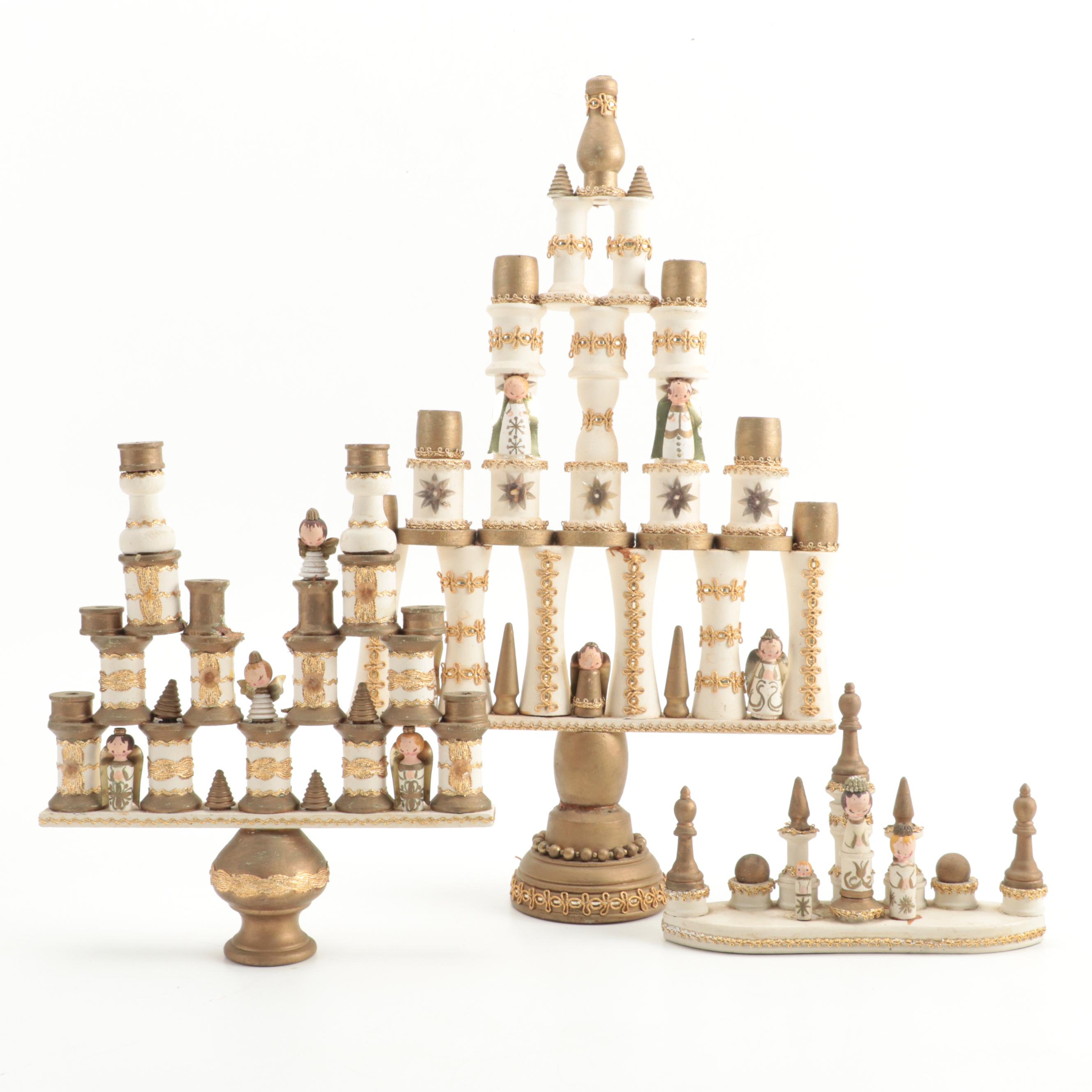 Hand-Painted Wood Angel Candelabras with Artist Signed Wood Figurine