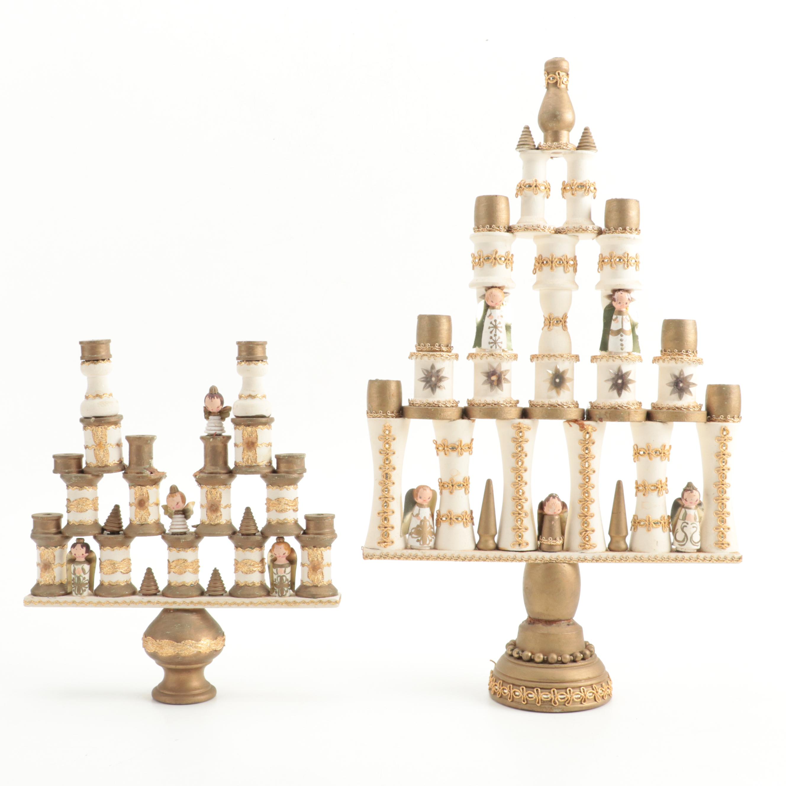 Hand-Painted Wood Angel Candelabras with Artist Signed Wood Figurine