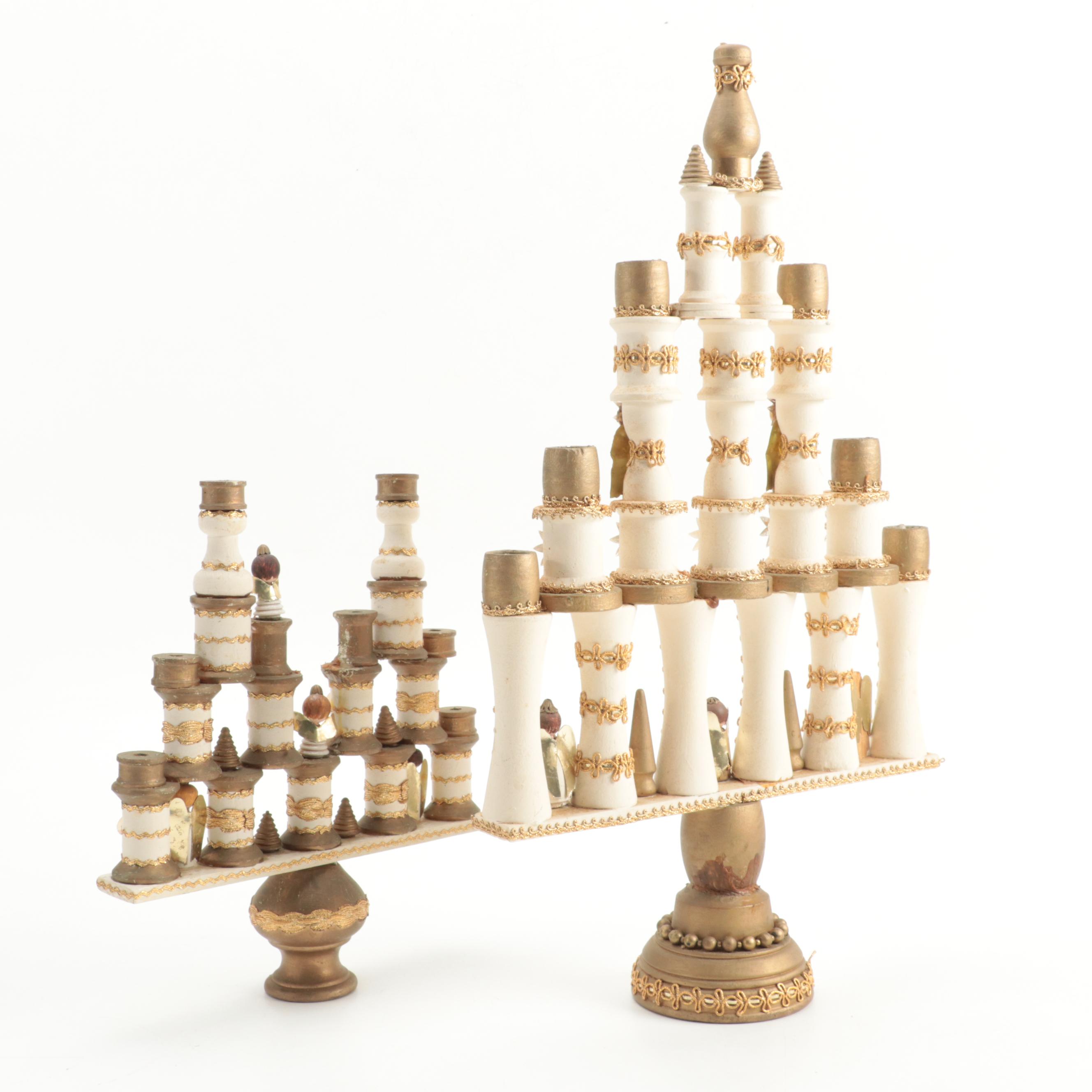 Hand-Painted Wood Angel Candelabras with Artist Signed Wood Figurine