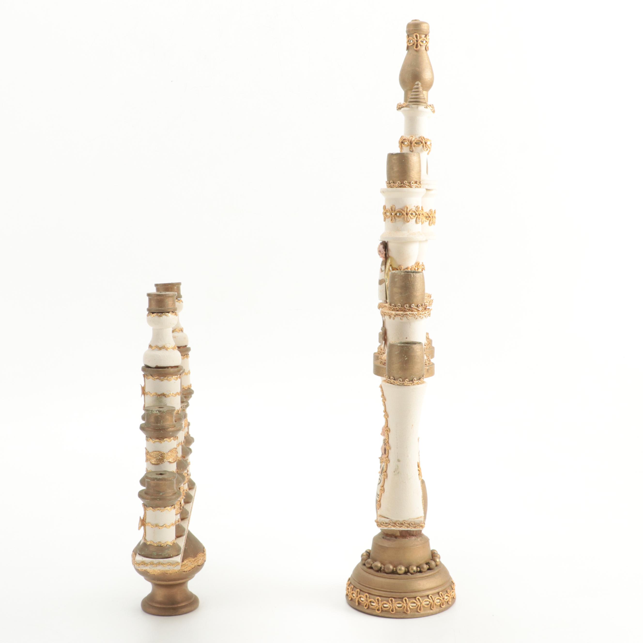 Hand-Painted Wood Angel Candelabras with Artist Signed Wood Figurine