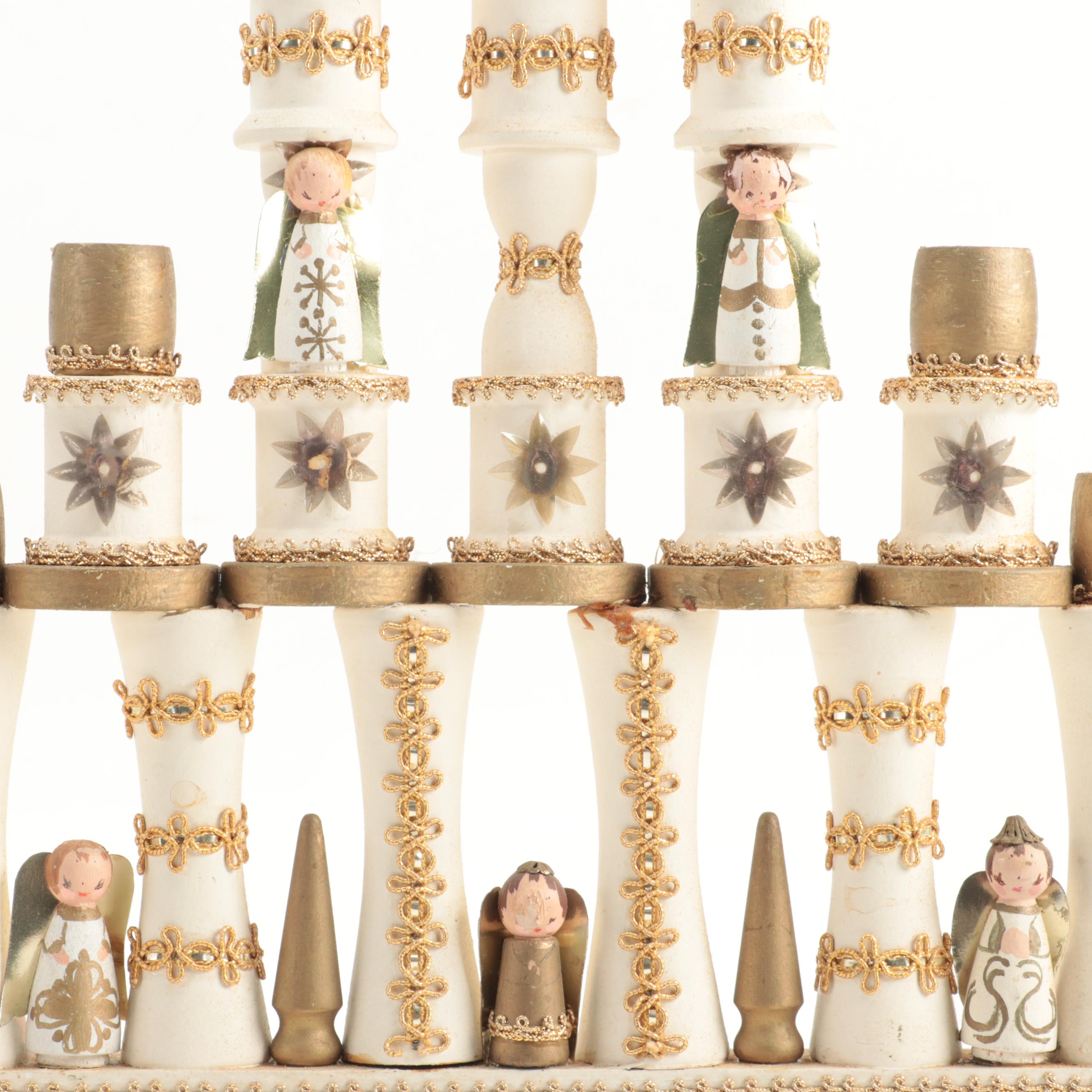 Hand-Painted Wood Angel Candelabras with Artist Signed Wood Figurine