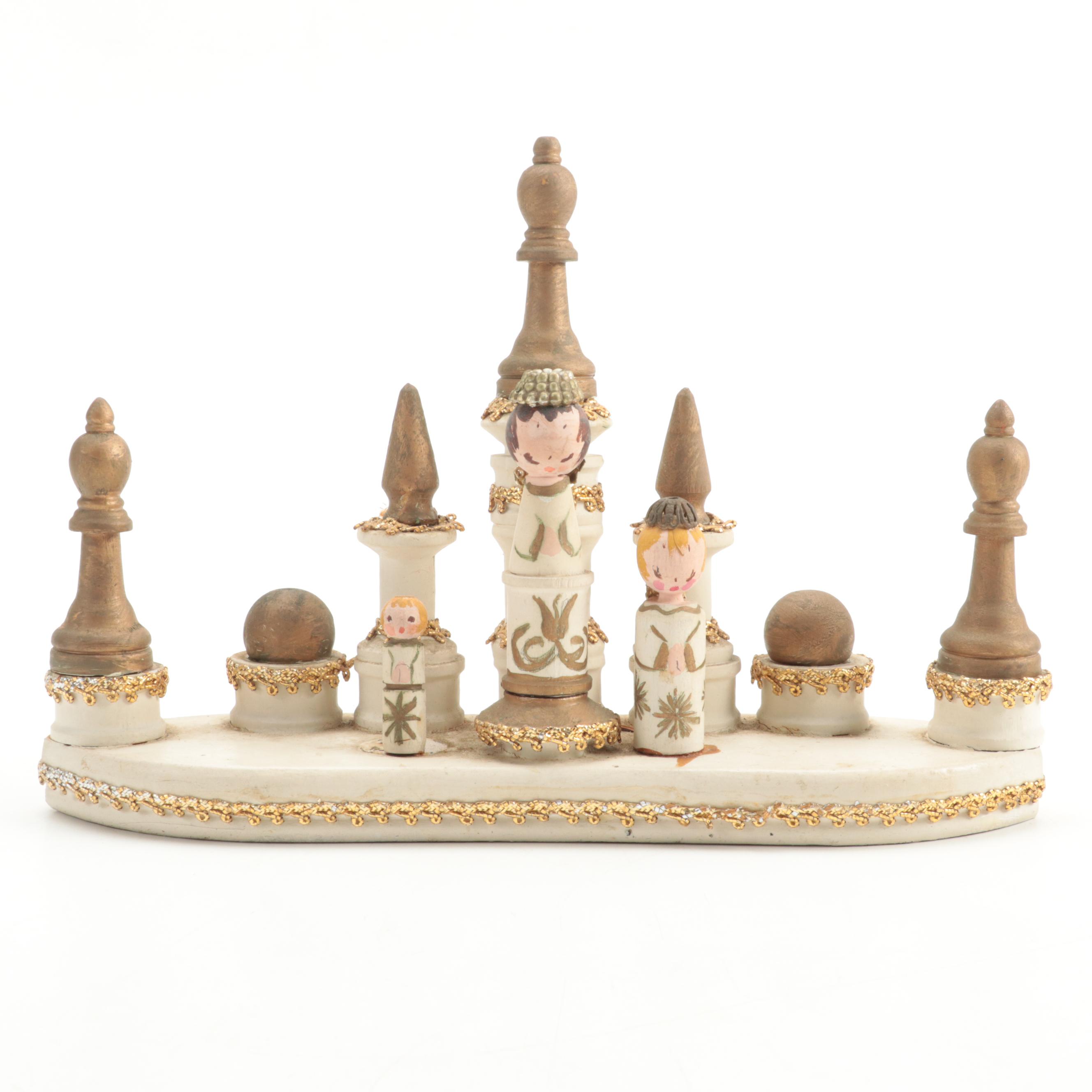 Hand-Painted Wood Angel Candelabras with Artist Signed Wood Figurine