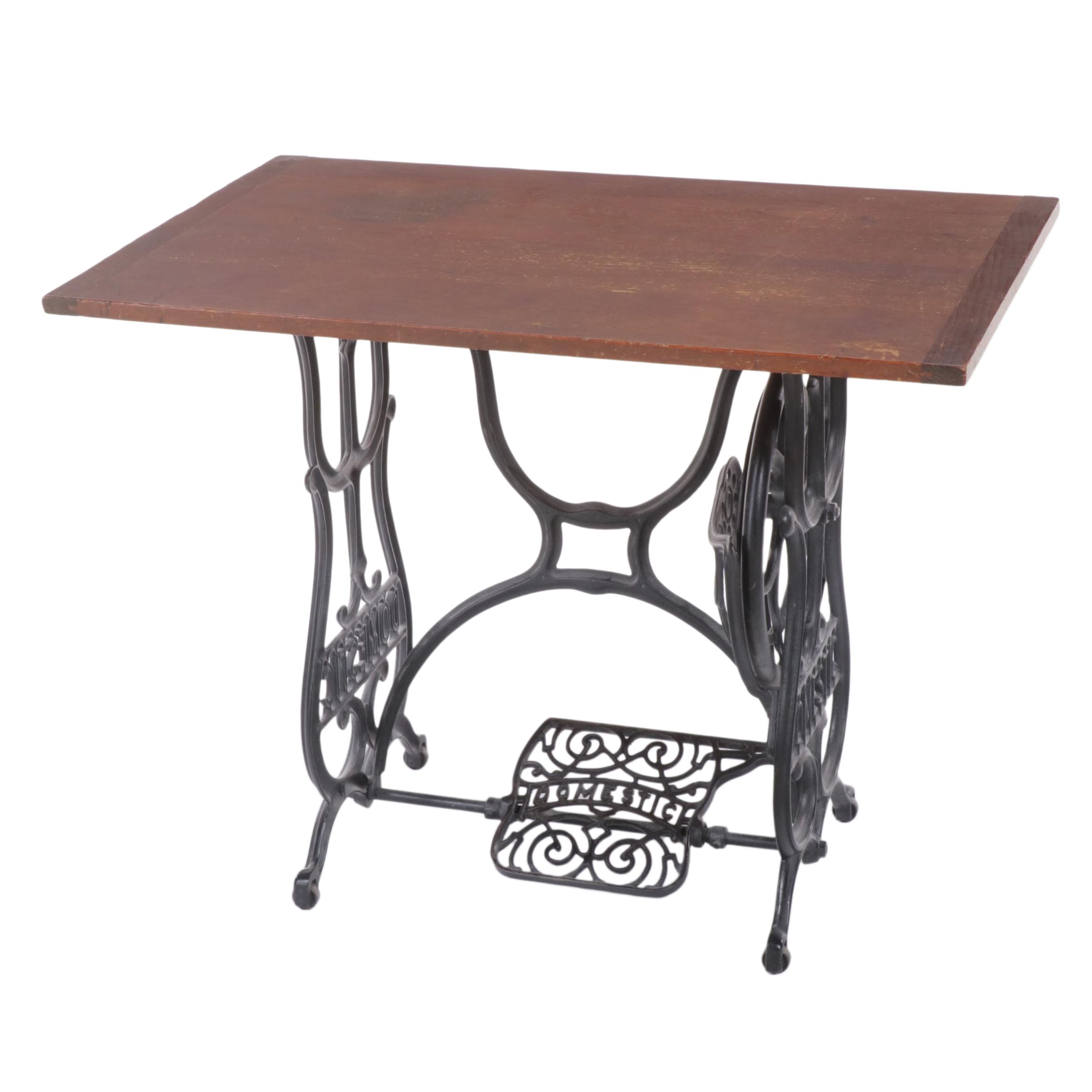 Domestic Sewing Machine Co. Pine and Cast Iron Treadle-Base Side Table, Adapted