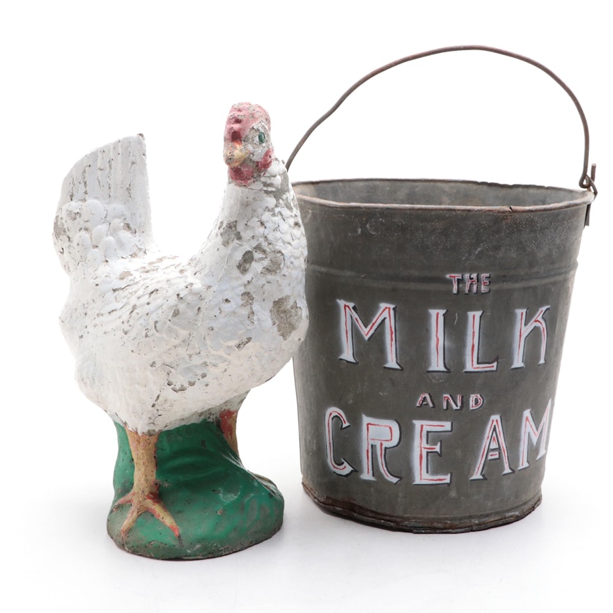 Paint Decorated Milk Pail with Concreate Chicken Outdoor Figurine