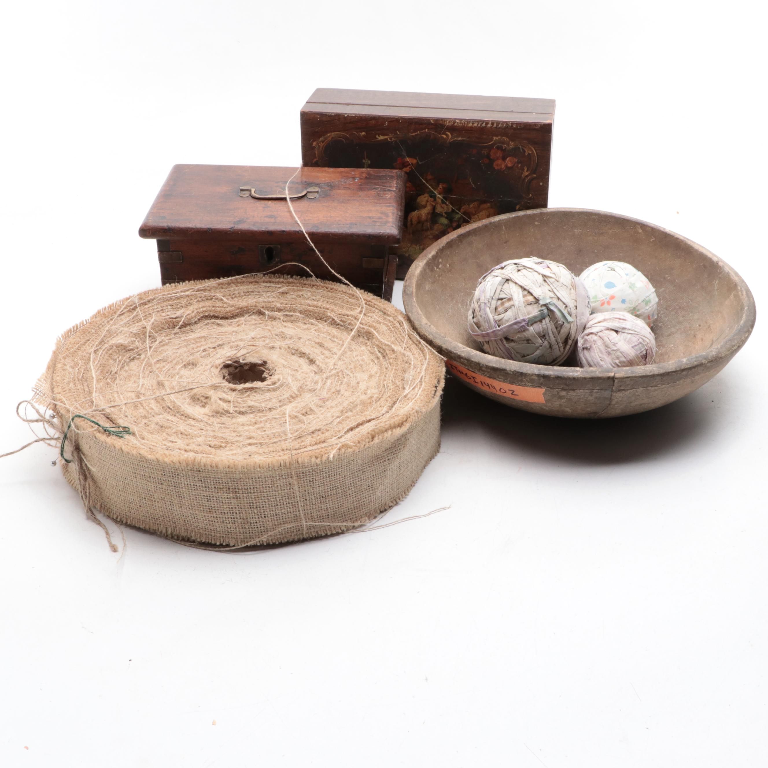 Wooden Dough Bowl with Wooden Boxes, Burlap and Fabric Scrap Balls
