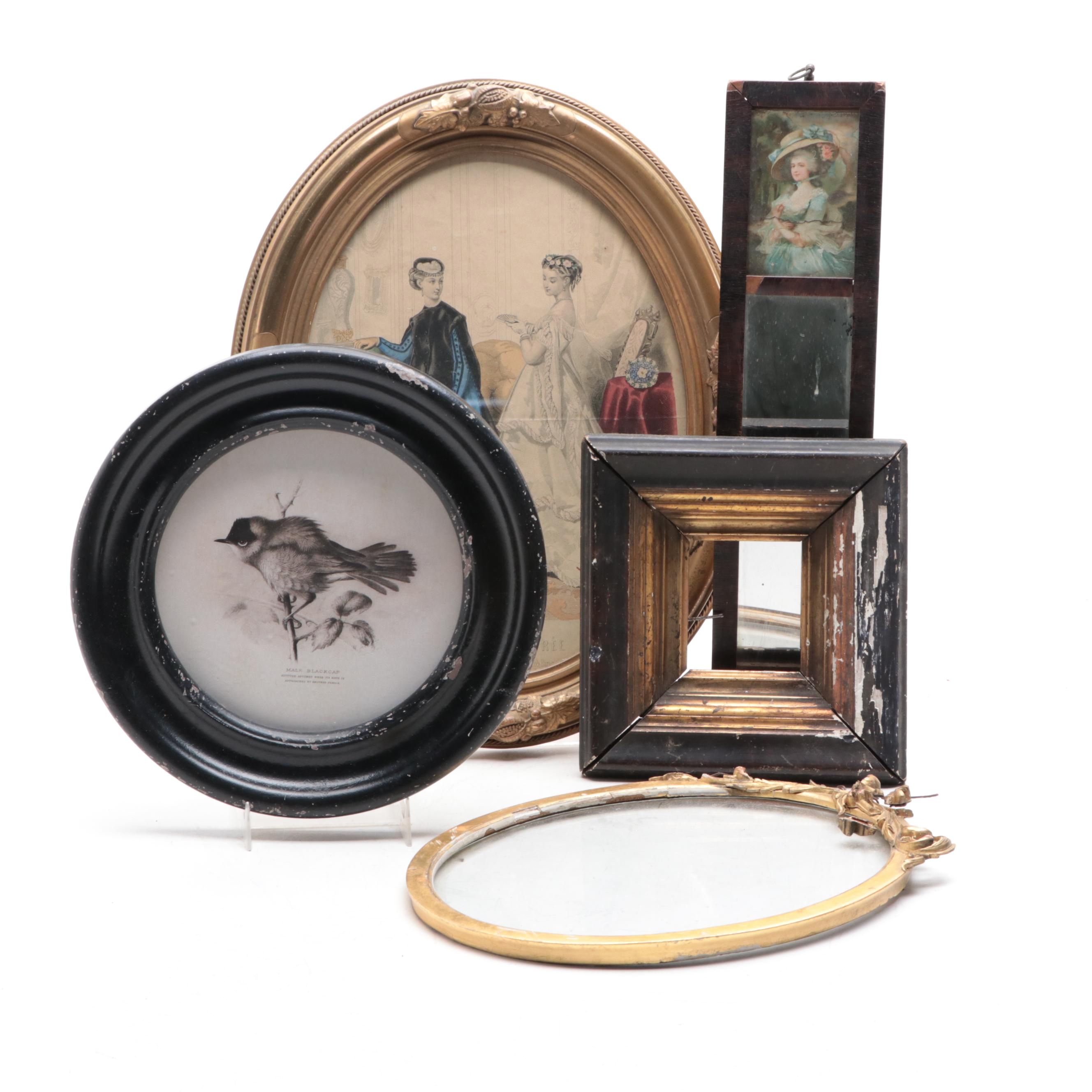 Framed Victorian Fashion Plate with Other Frames and Mirror, Mid to Late 19th C.
