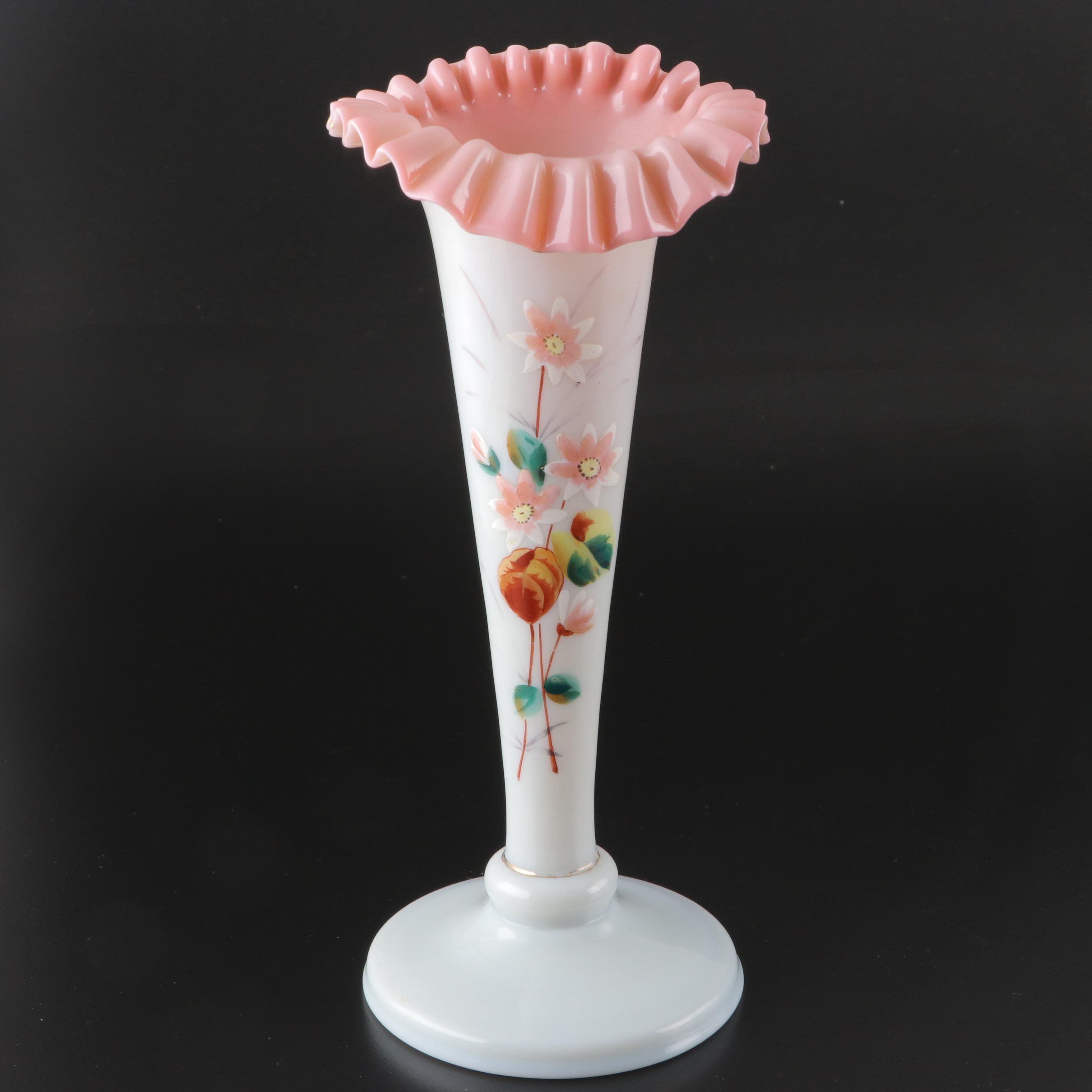 Bohemian Style Ruffled Rim Enameled Opaline Glass Vase