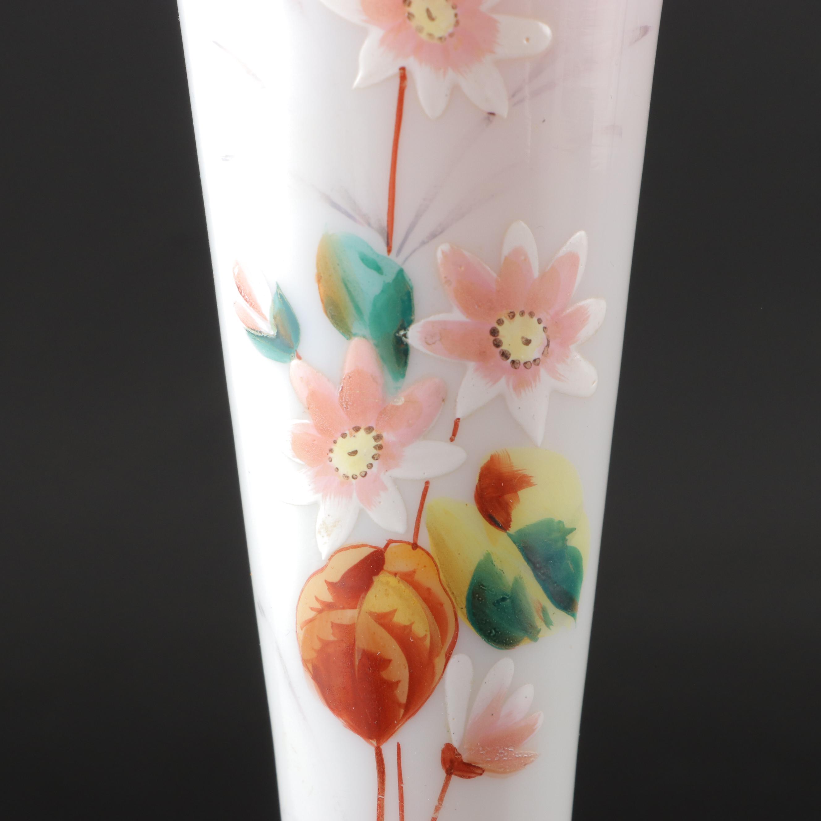 Bohemian Style Ruffled Rim Enameled Opaline Glass Vase