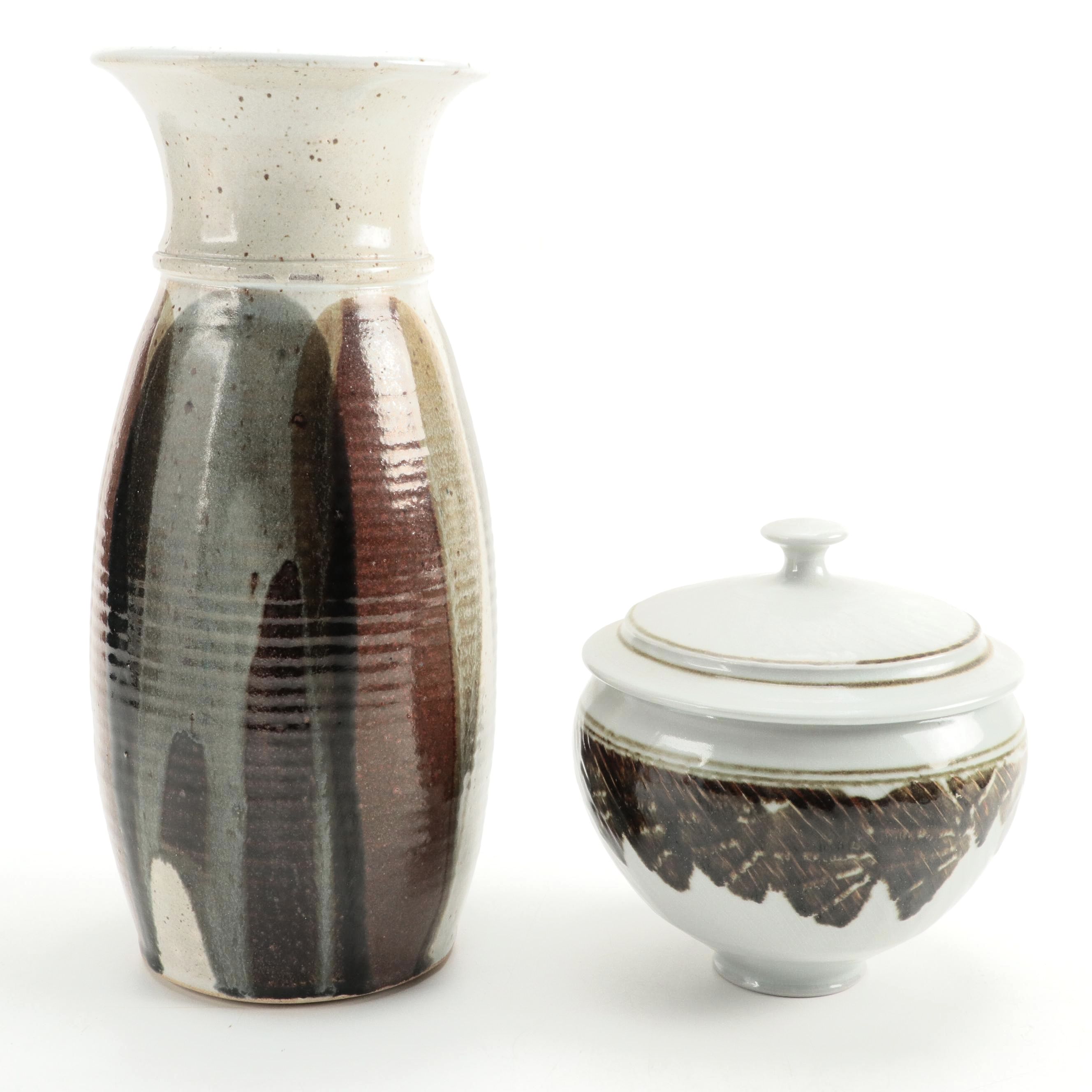 Signed Tim Mather Ceramic Serving Dish with Other Artist Signed Vase