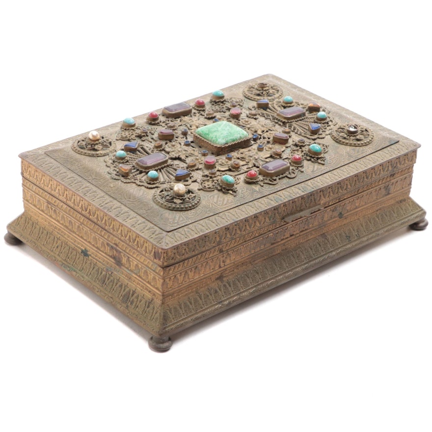 German Indo-Persian Style Inlaid Brass Box, Early to Mid-20th Century