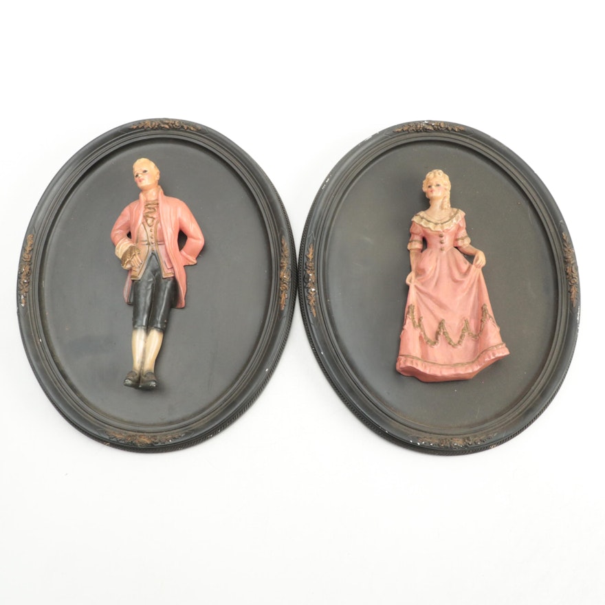Painted Chalkware Courting Couple Wall Hangings, Mid-20th Century