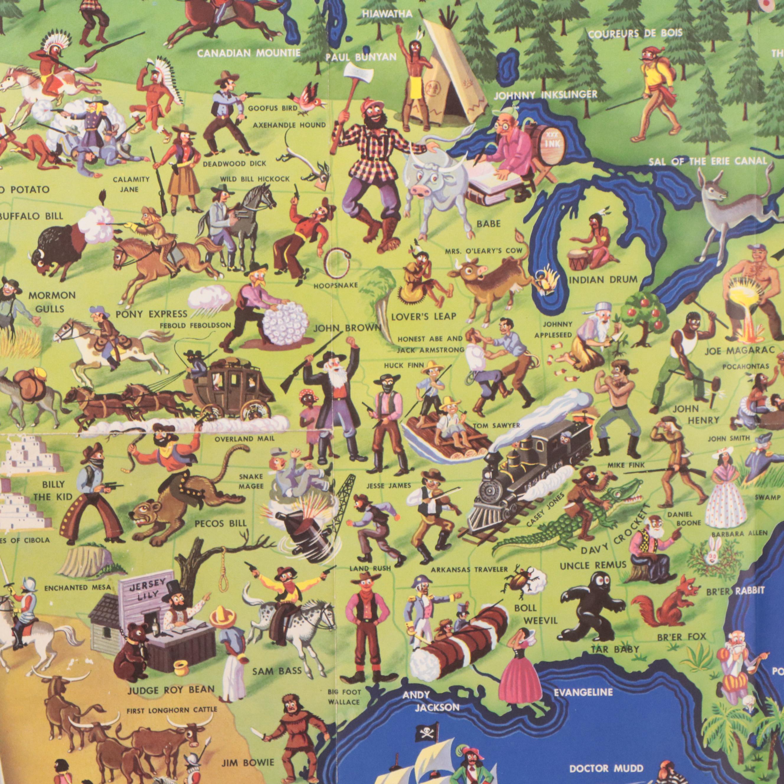 Offset Lithograph Map After John Dukes McKee "American Folklore Legends"