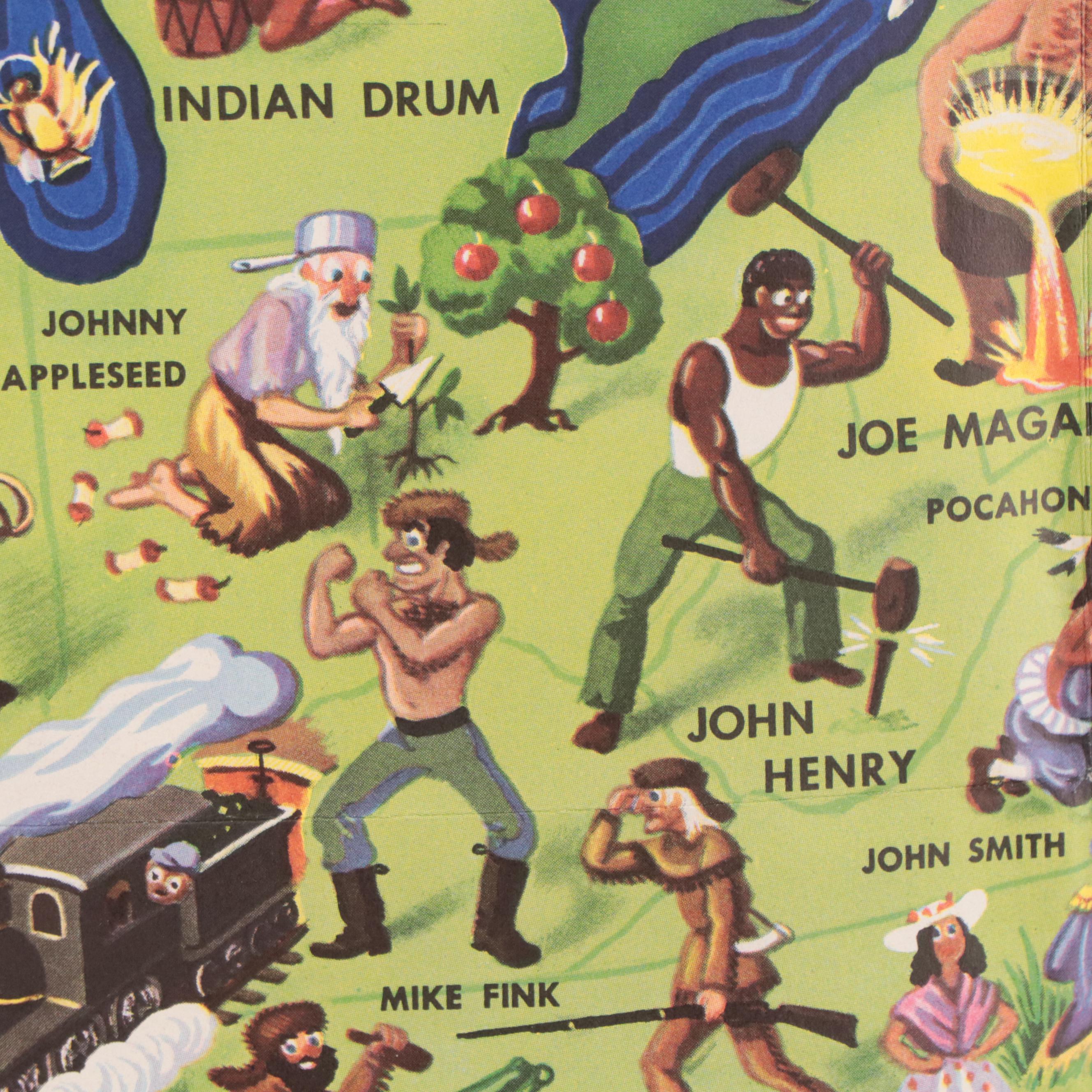 Offset Lithograph Map After John Dukes McKee "American Folklore Legends"