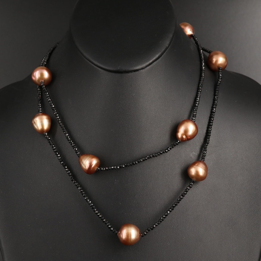Pearl and Black Spinel Station Necklace with 18K Clasp