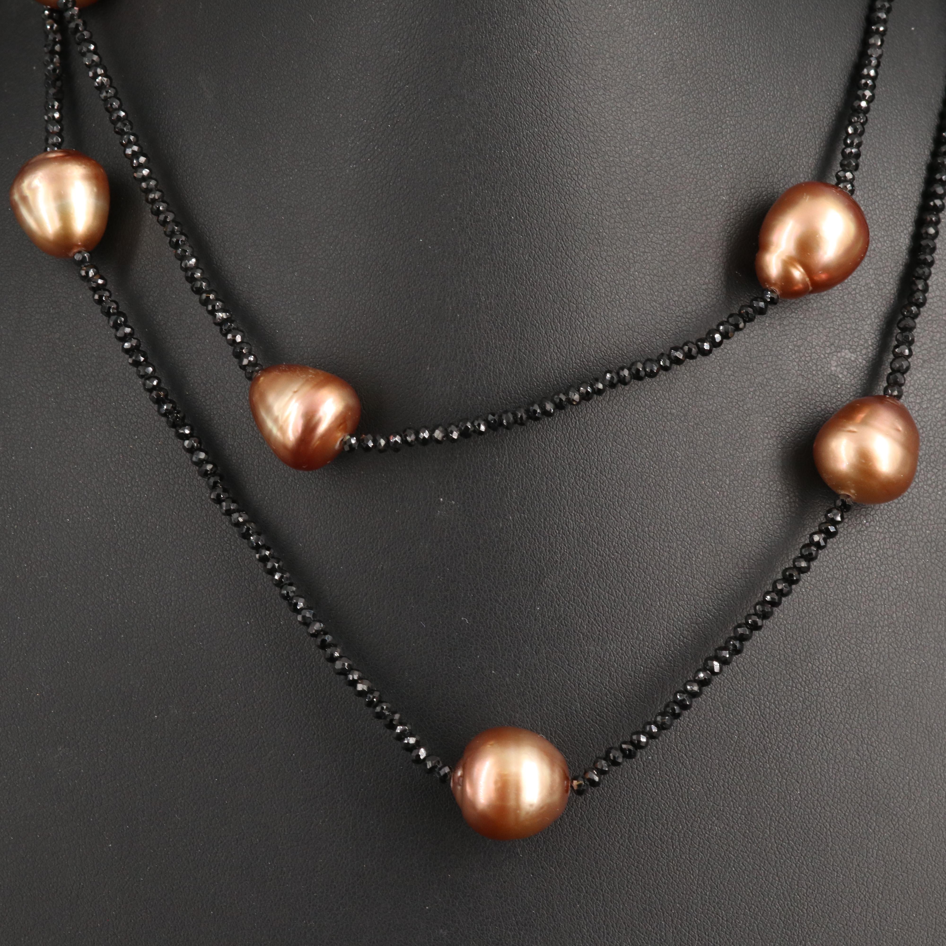 Pearl and Black Spinel Station Necklace with 18K Clasp