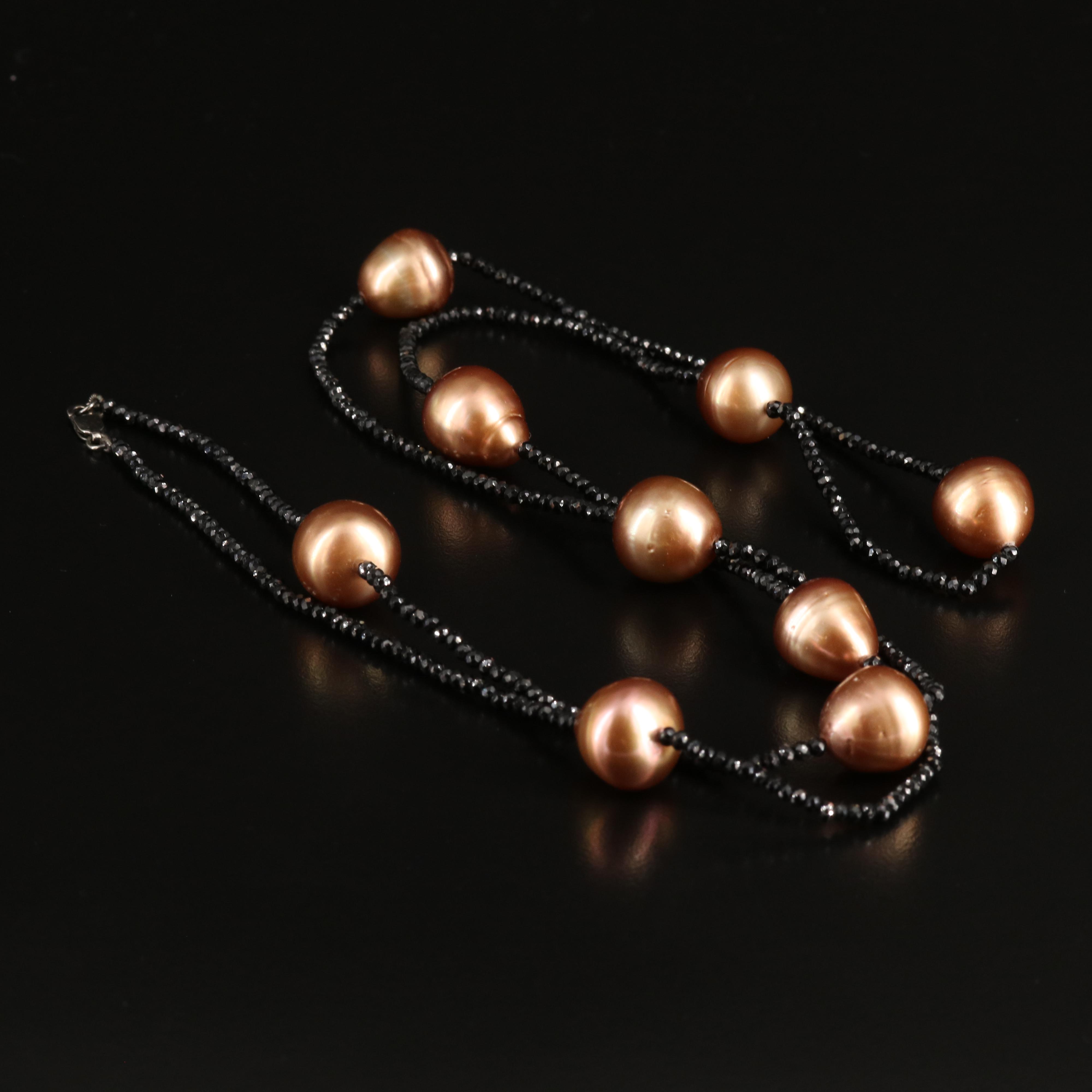 Pearl and Black Spinel Station Necklace with 18K Clasp