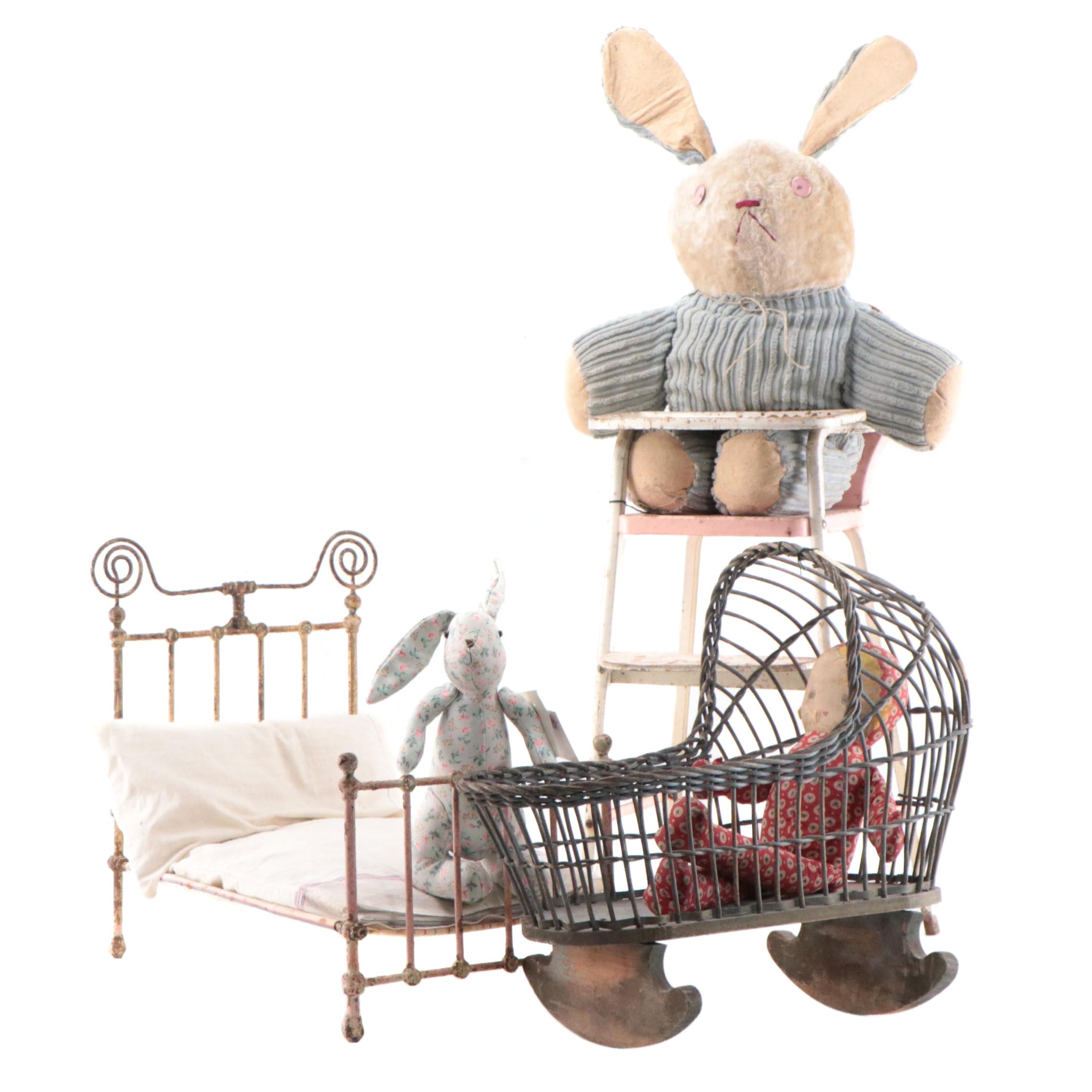 Assorted Toys Including High Chair, Doll Bed and Stuffed Animals