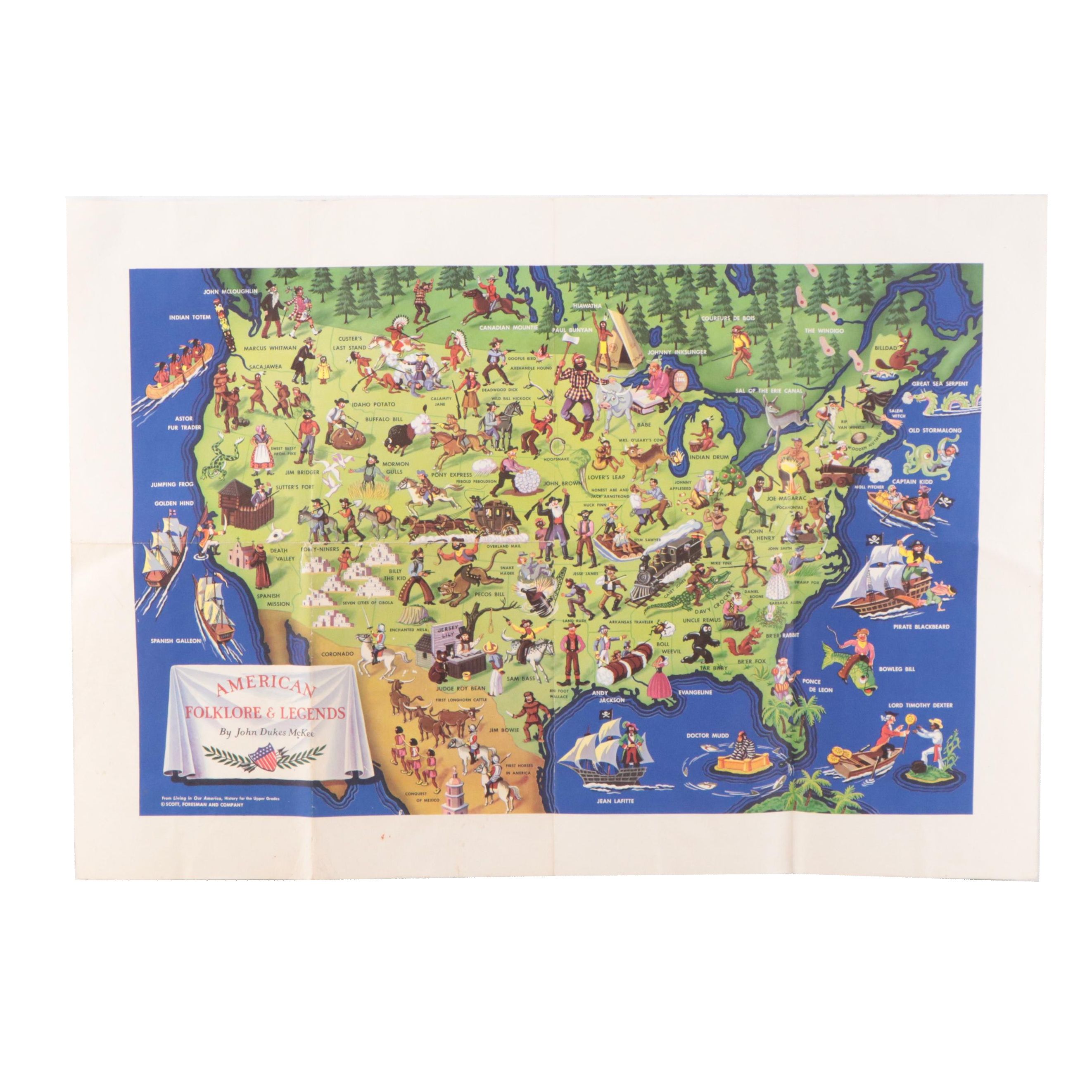 Offset Lithograph Map After John Dukes McKee "American Folklore Legends"