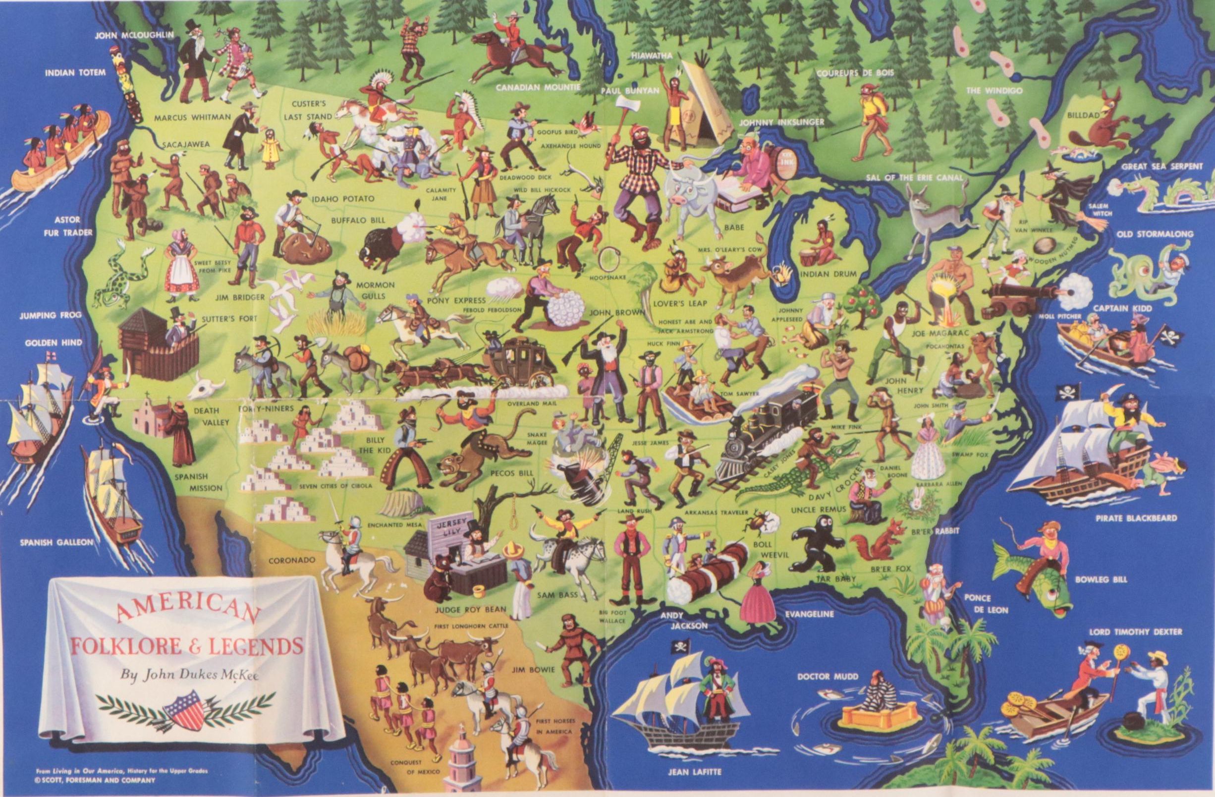Offset Lithograph Map After John Dukes McKee "American Folklore Legends"