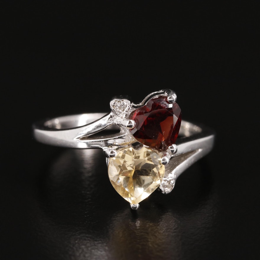 Sterling Garnet and Citrine Heart Ring with White Topaz Accents