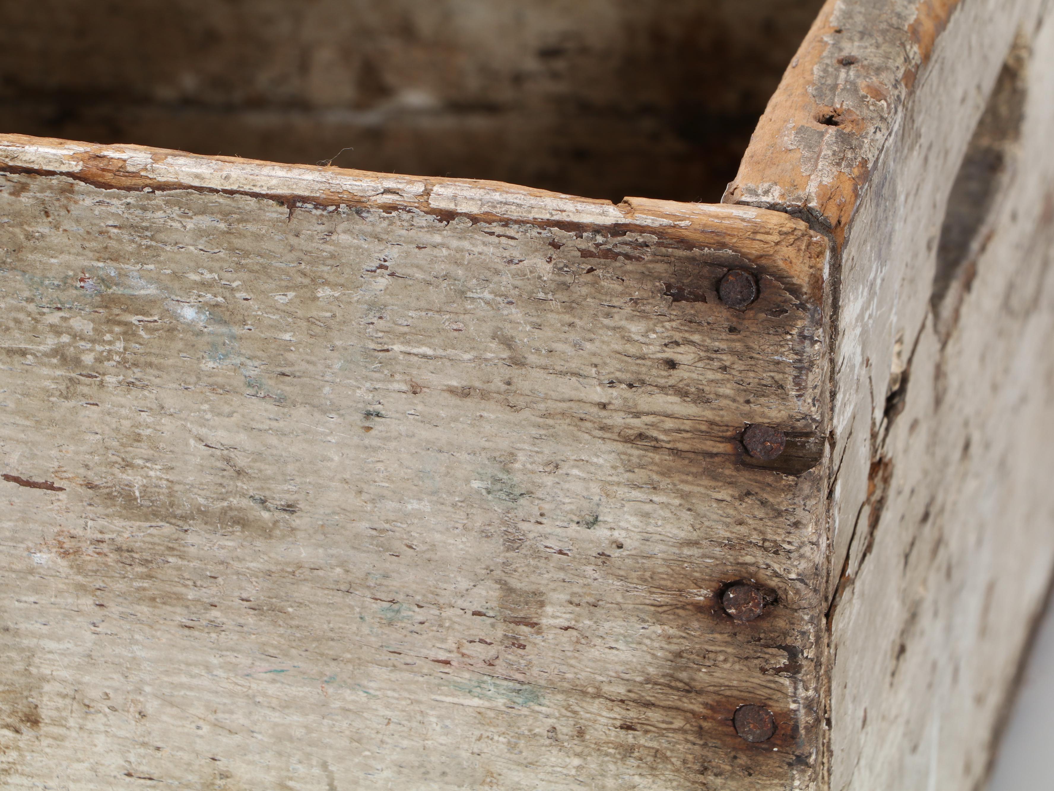Wooden Work Bench With Metal Baskets and Wooden Box