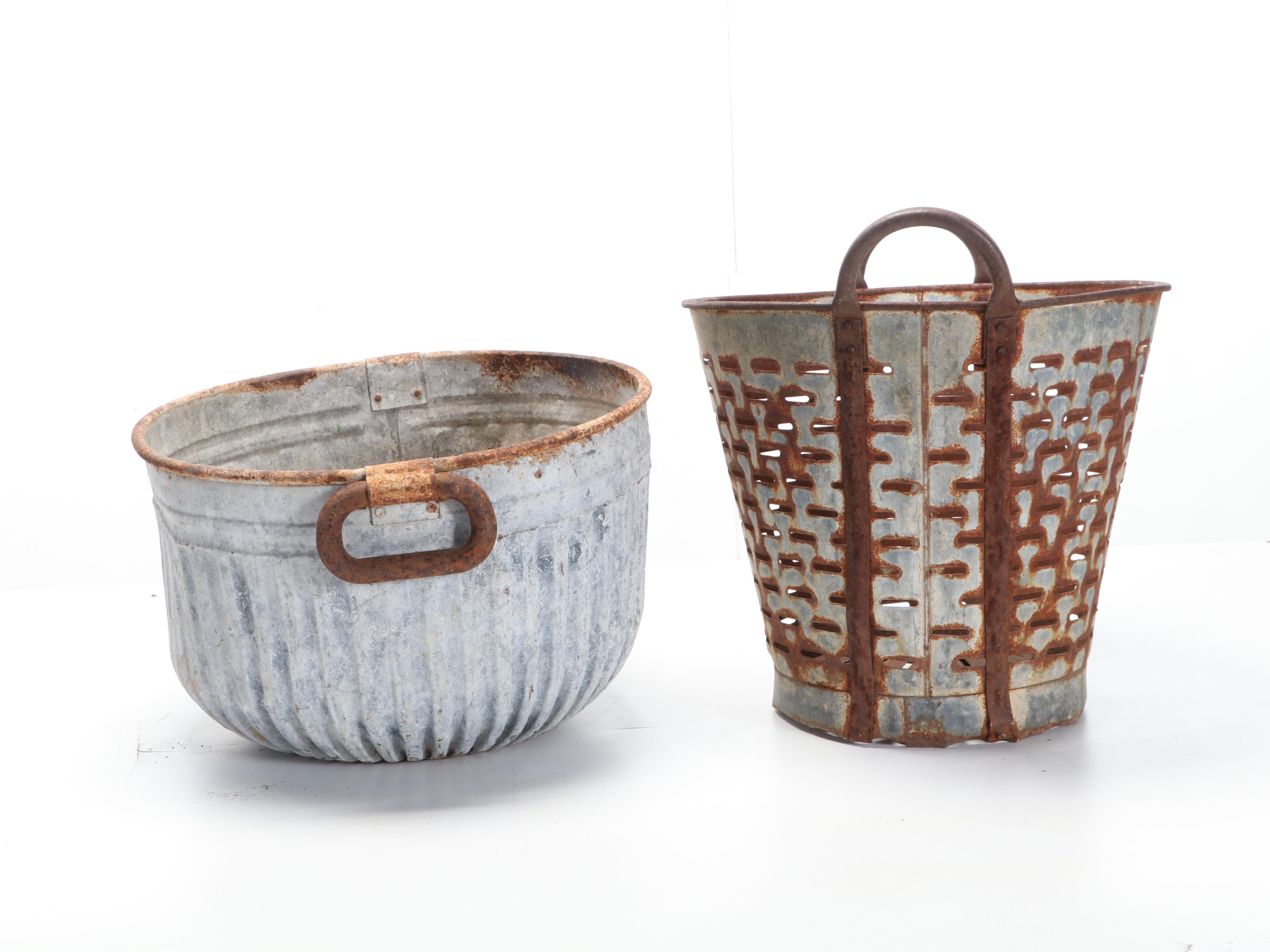 Wooden Work Bench With Metal Baskets and Wooden Box