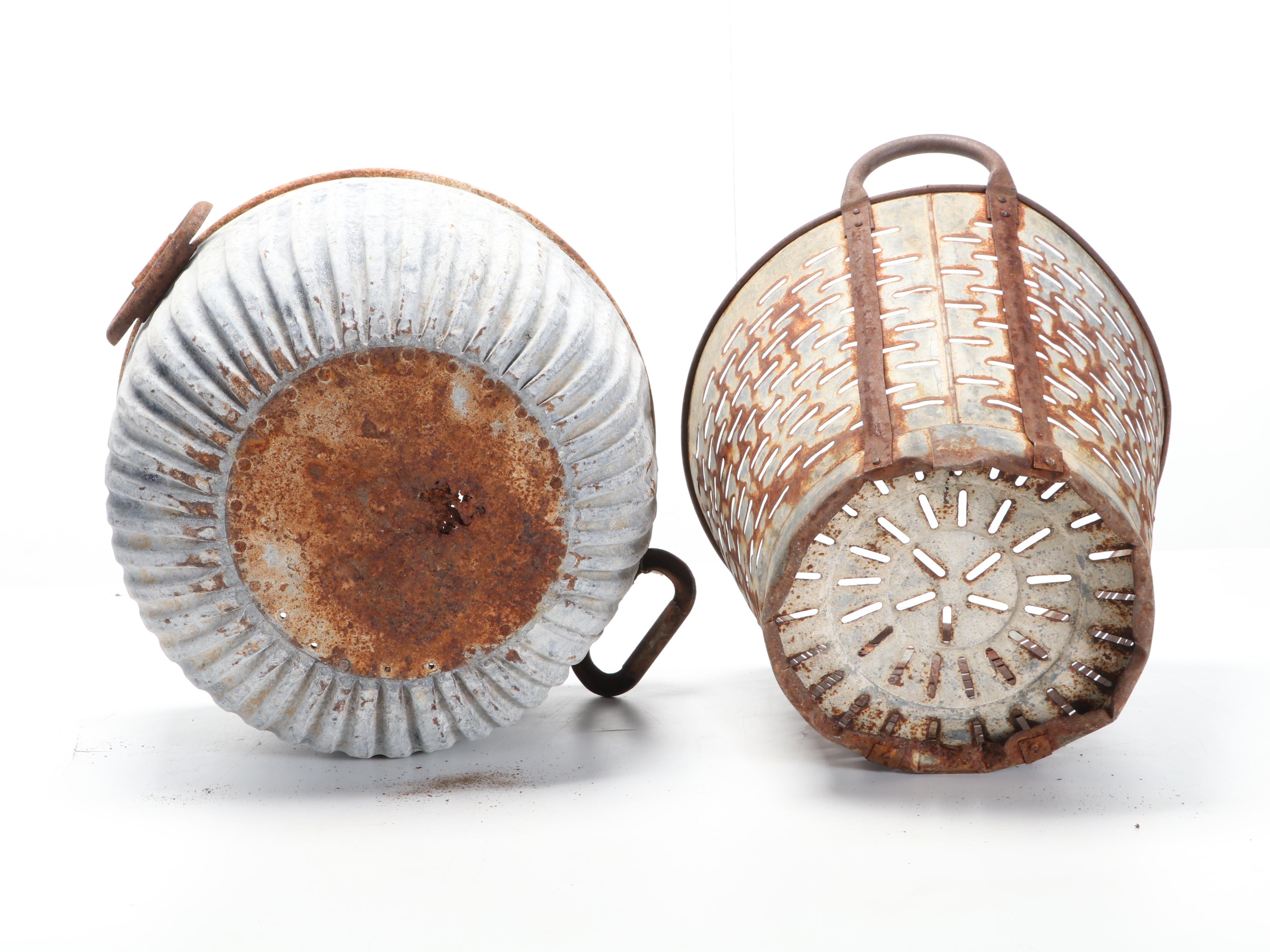 Wooden Work Bench With Metal Baskets and Wooden Box