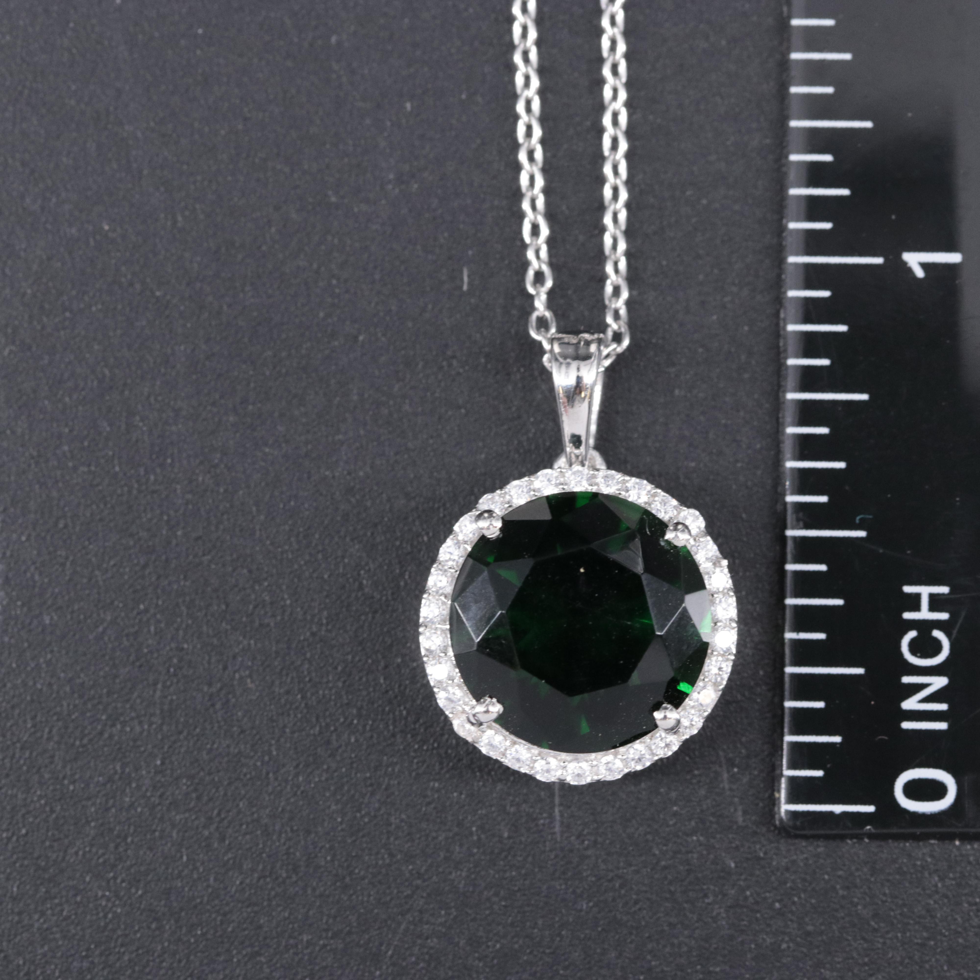 Sterling Pendant Necklace Featuring Emerald and Cubic Zirconia