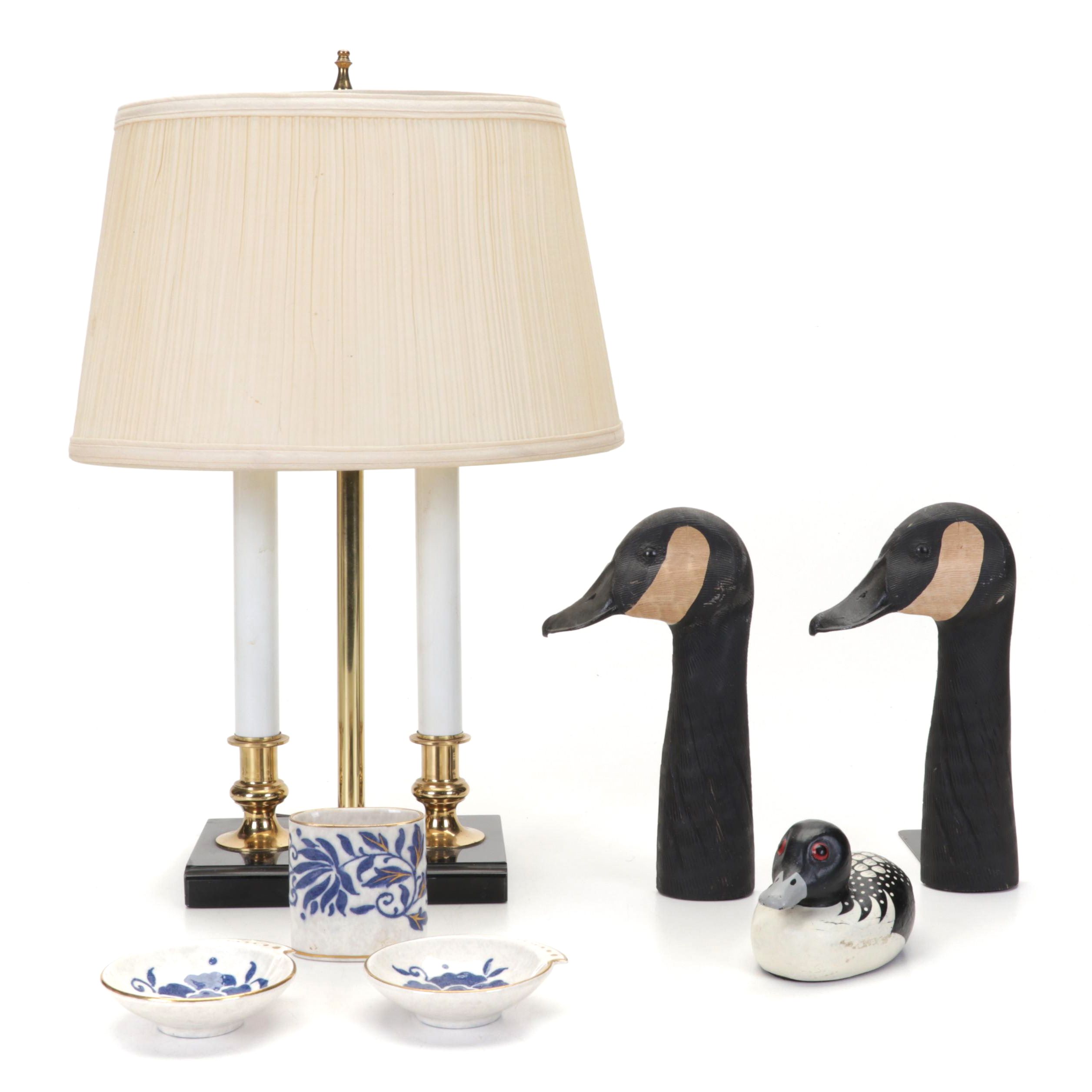 Bouillotte Candlestick Table Lamp With Bursley Ware Dishes, Decoy and Bookends