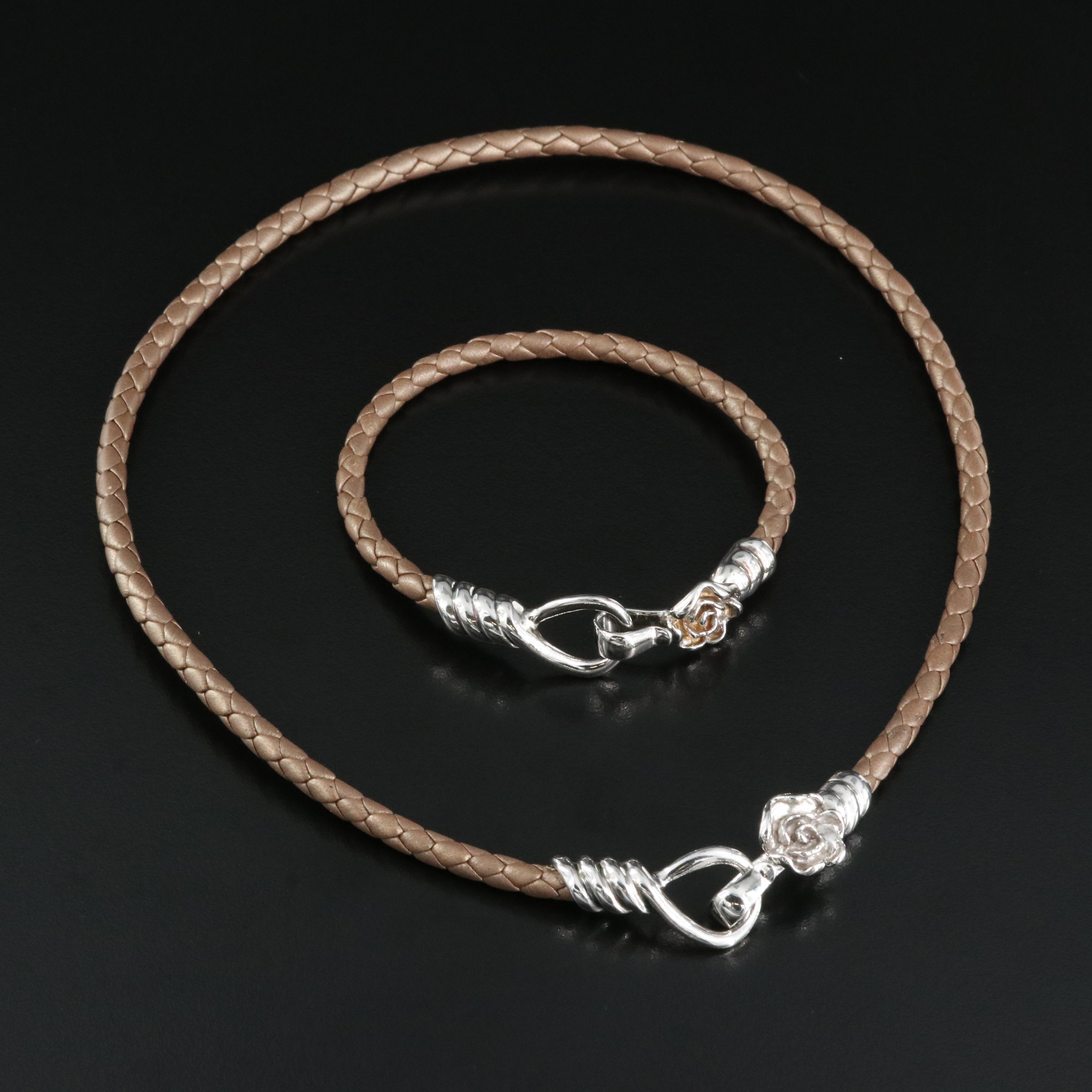 Sterling Leather Floral Braided Necklace and Bracelet Set