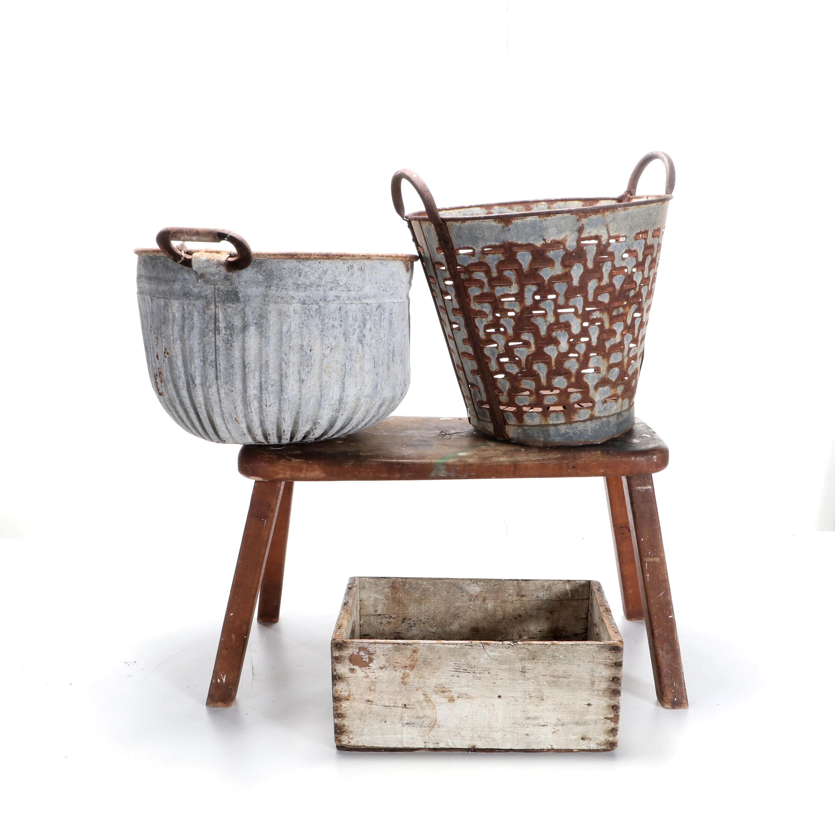 Wooden Work Bench With Metal Baskets and Wooden Box