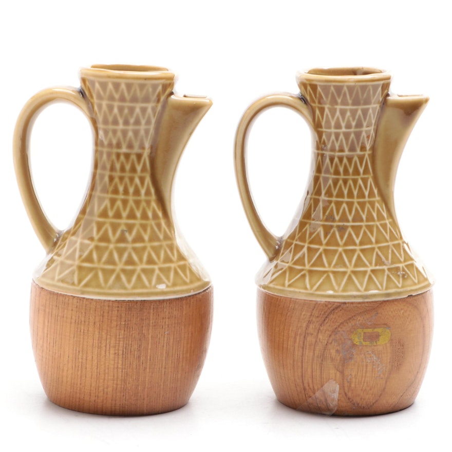 Mid Century Modern Style Japanese Wooden and Ceramic Pitchers