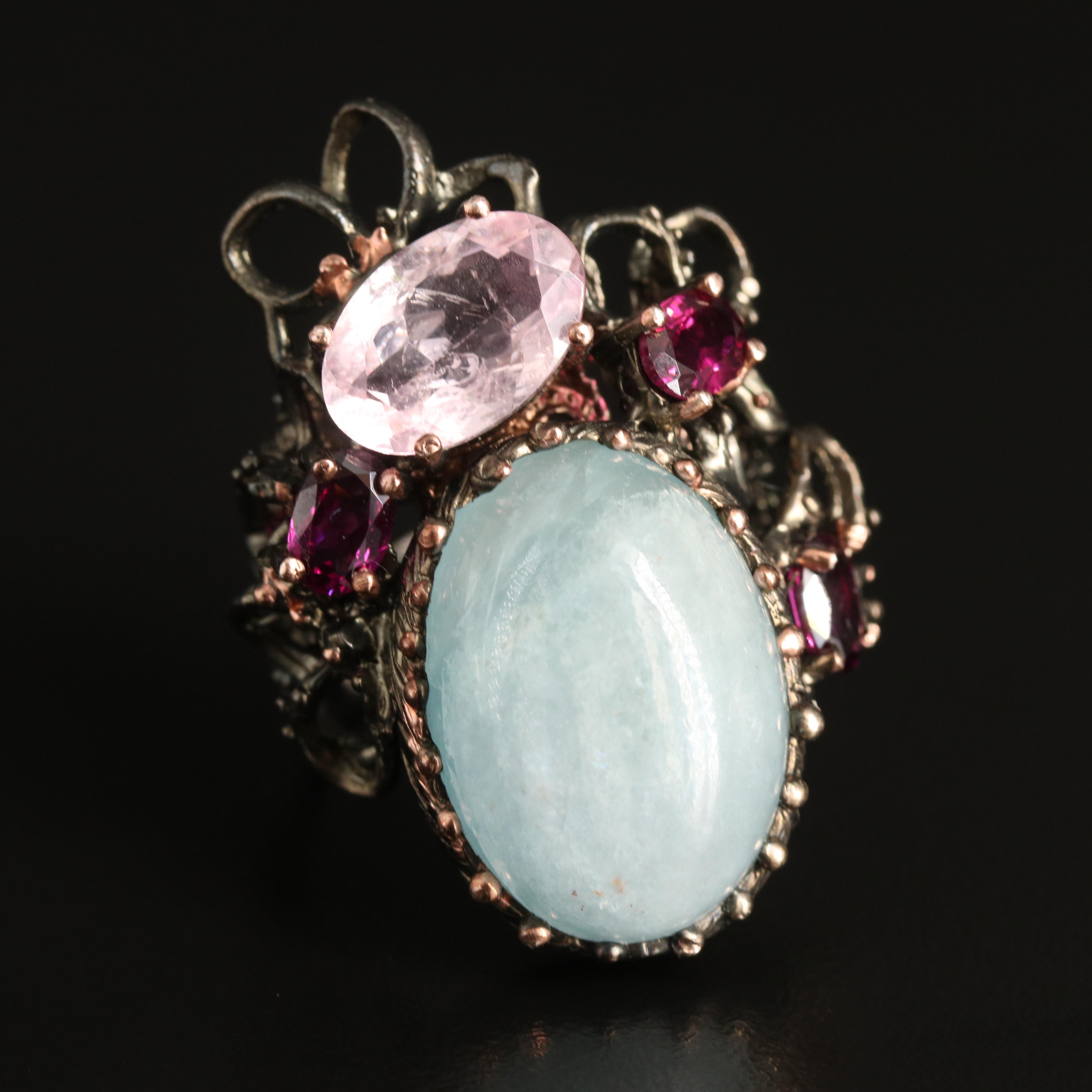 Sterling Aquamarine, Garnet and Amethyst Cluster Ring