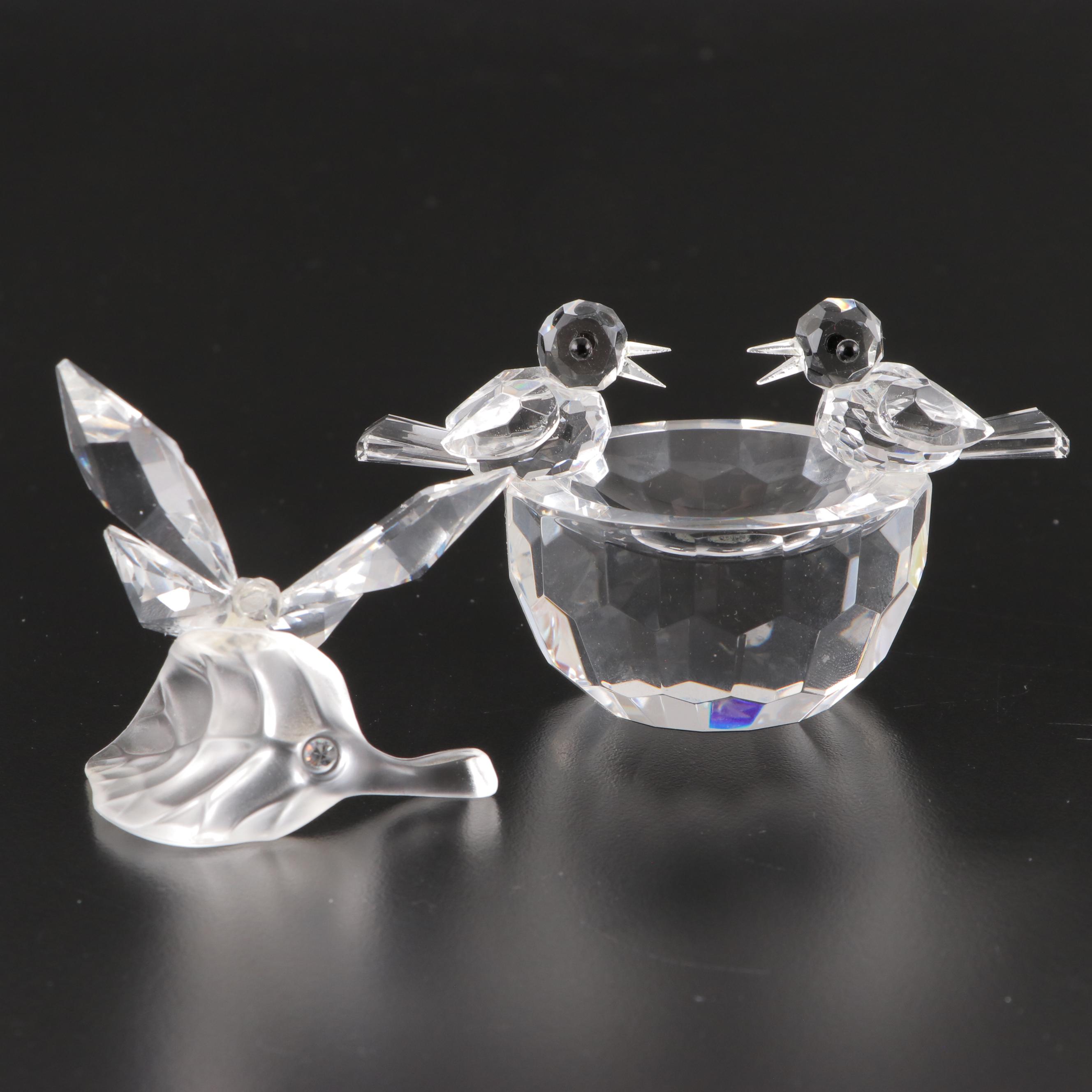 Swarovski Crystal Butterfly on Leaf and Birds in Bird Bath Figurines