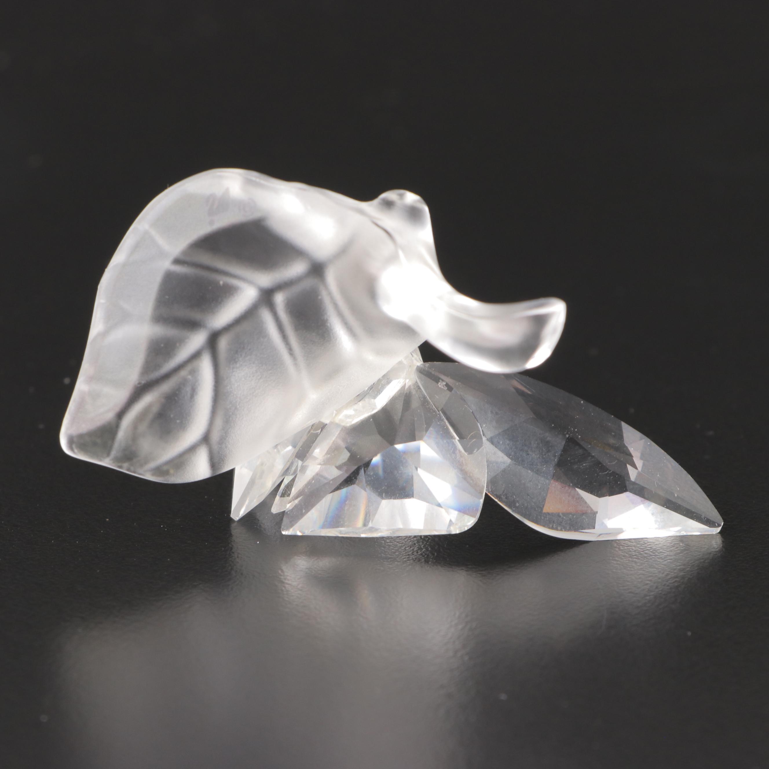 Swarovski Crystal Butterfly on Leaf and Birds in Bird Bath Figurines