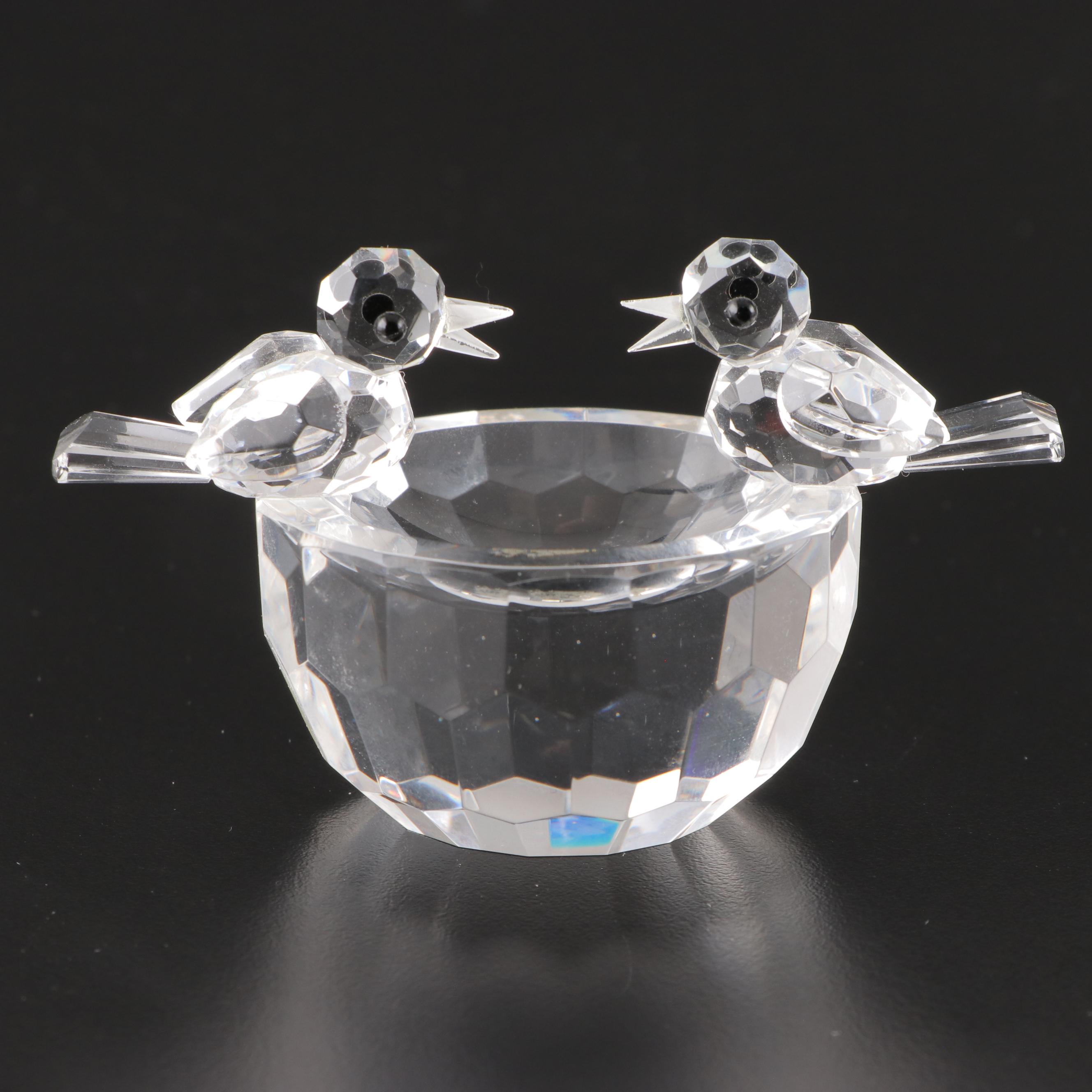 Swarovski Crystal Butterfly on Leaf and Birds in Bird Bath Figurines