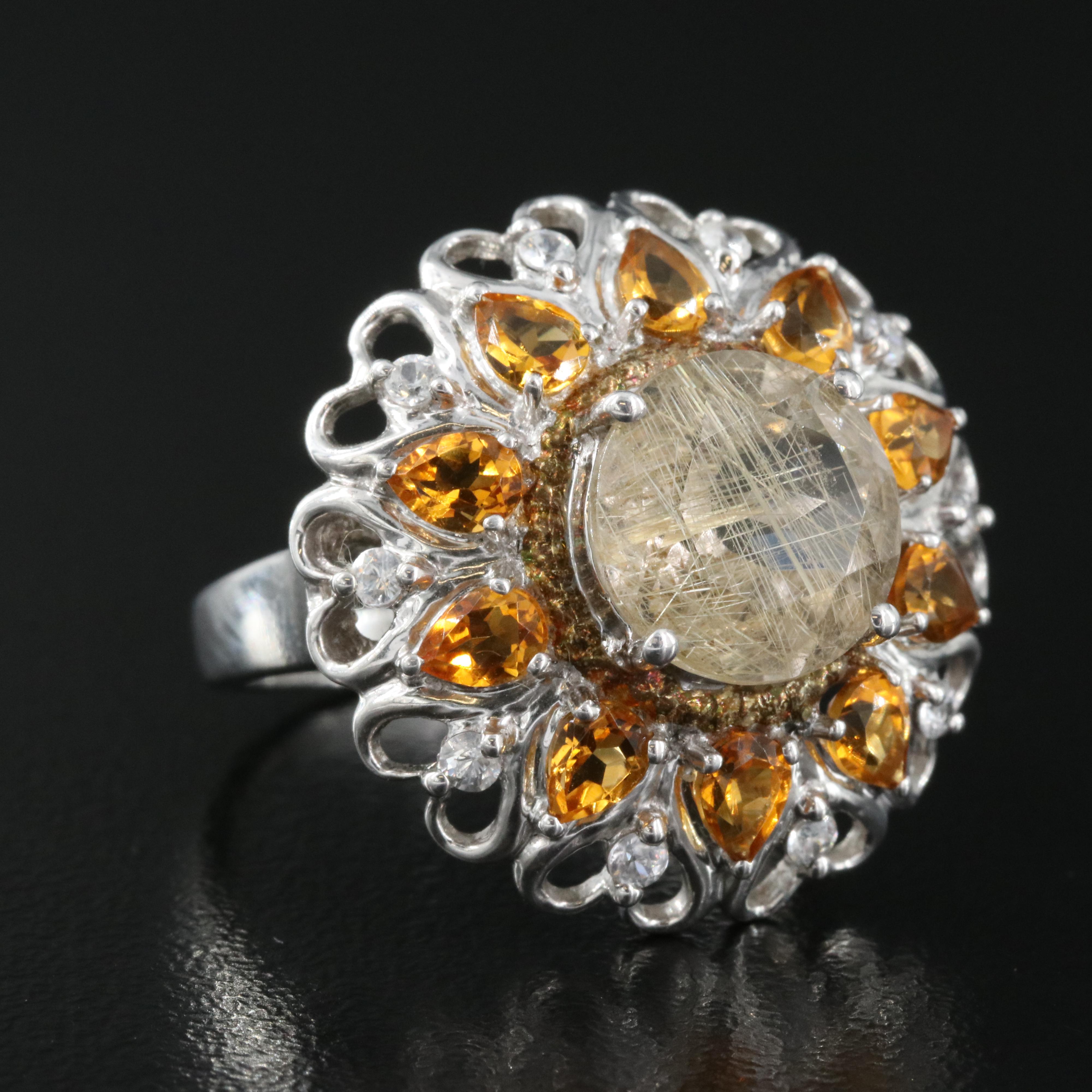 Sterling Rutilated Quartz, Citrine and Zircon Ring