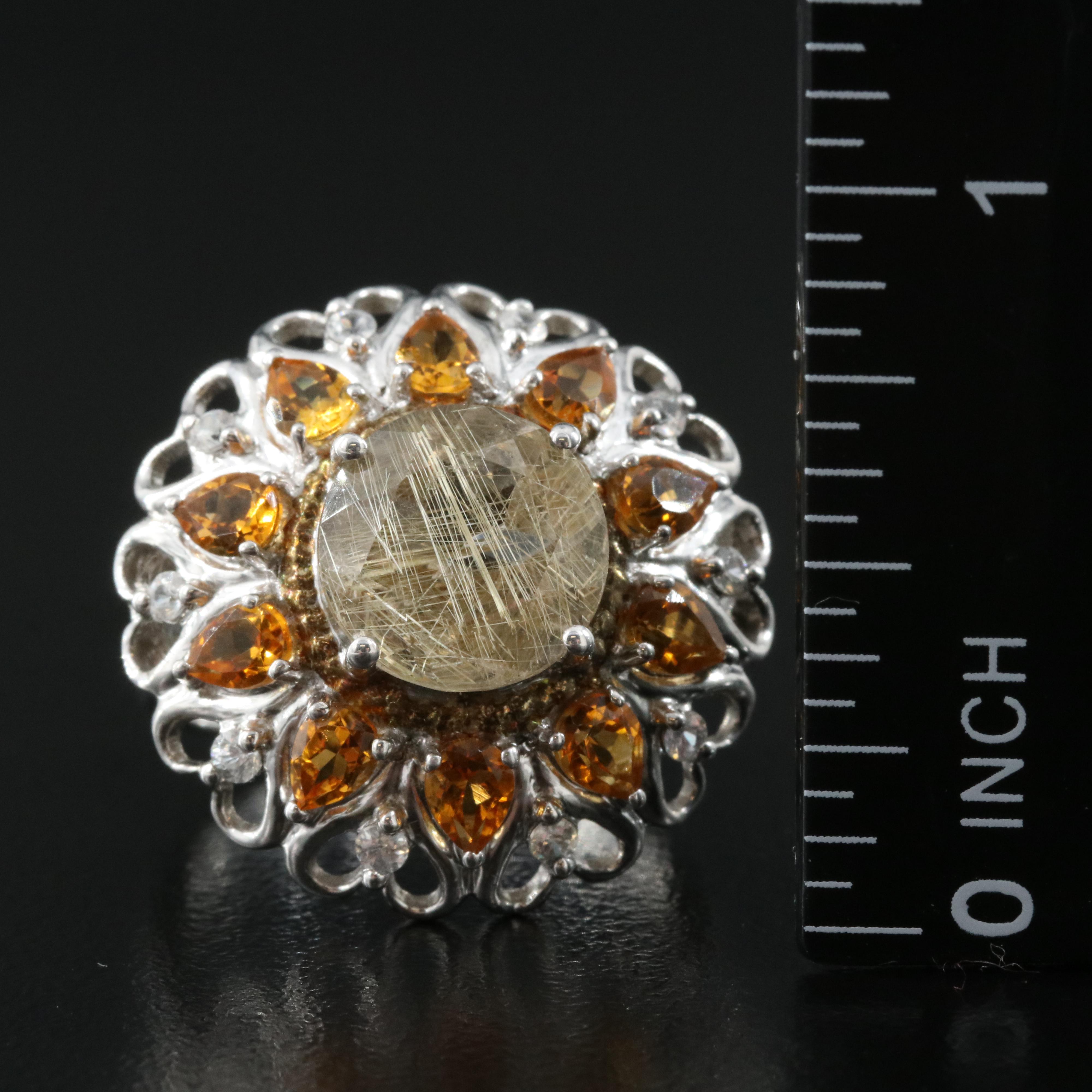 Sterling Rutilated Quartz, Citrine and Zircon Ring