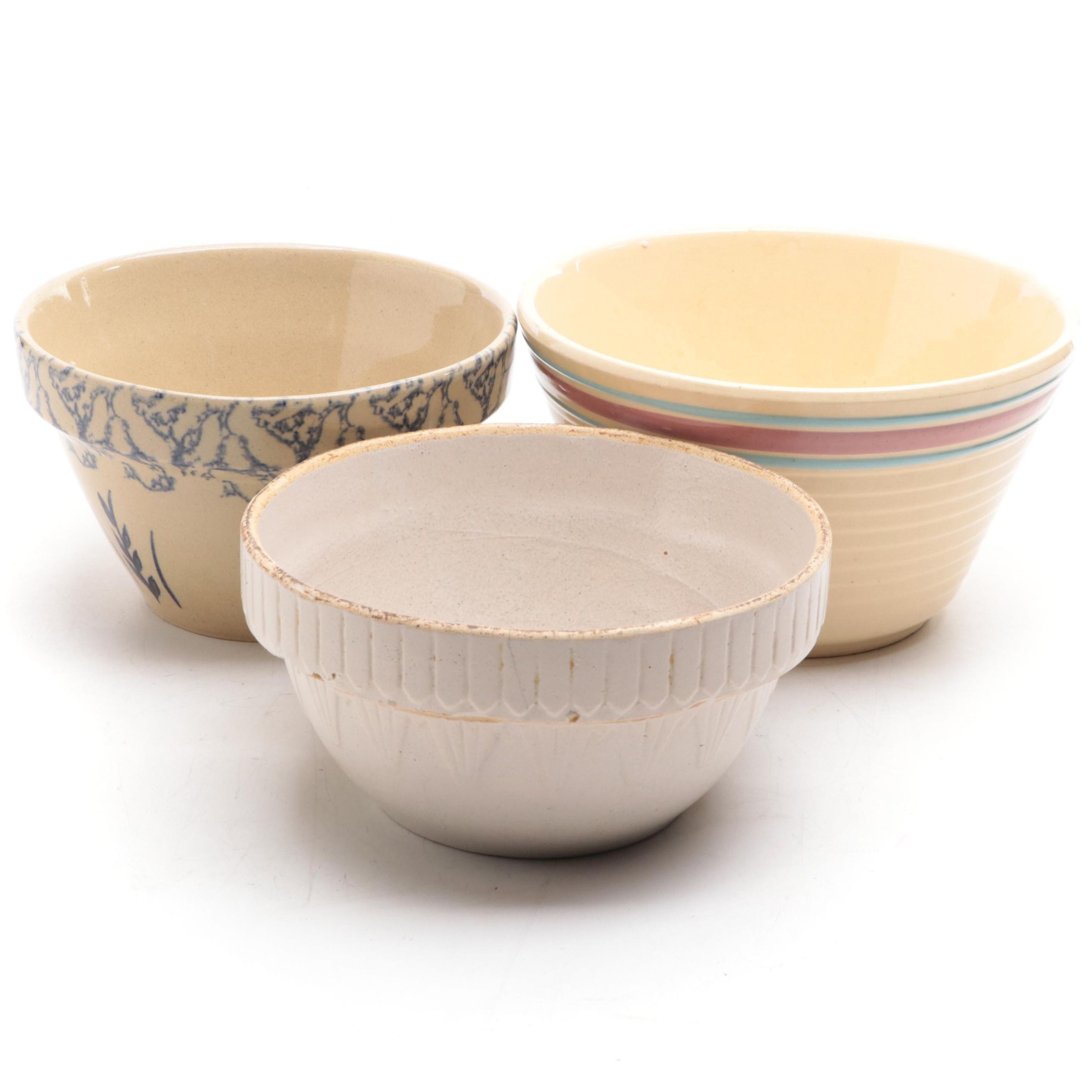 R. R. P. Co. Spongeware Mixing Bowl with Other American Ceramic Bowls