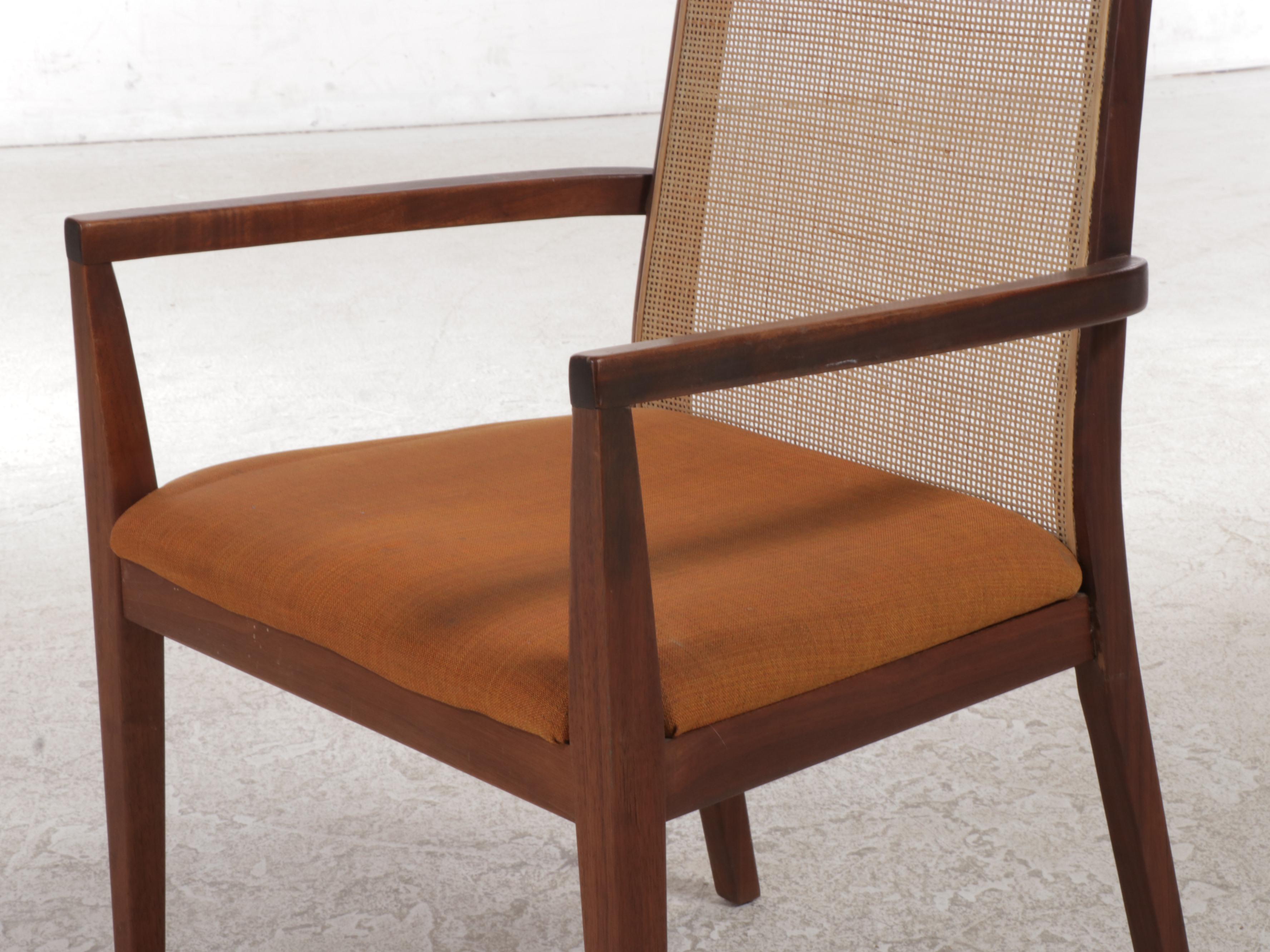 Four Dillingham Mid Century Modern Walnut and Cane Dining Chairs, 1968