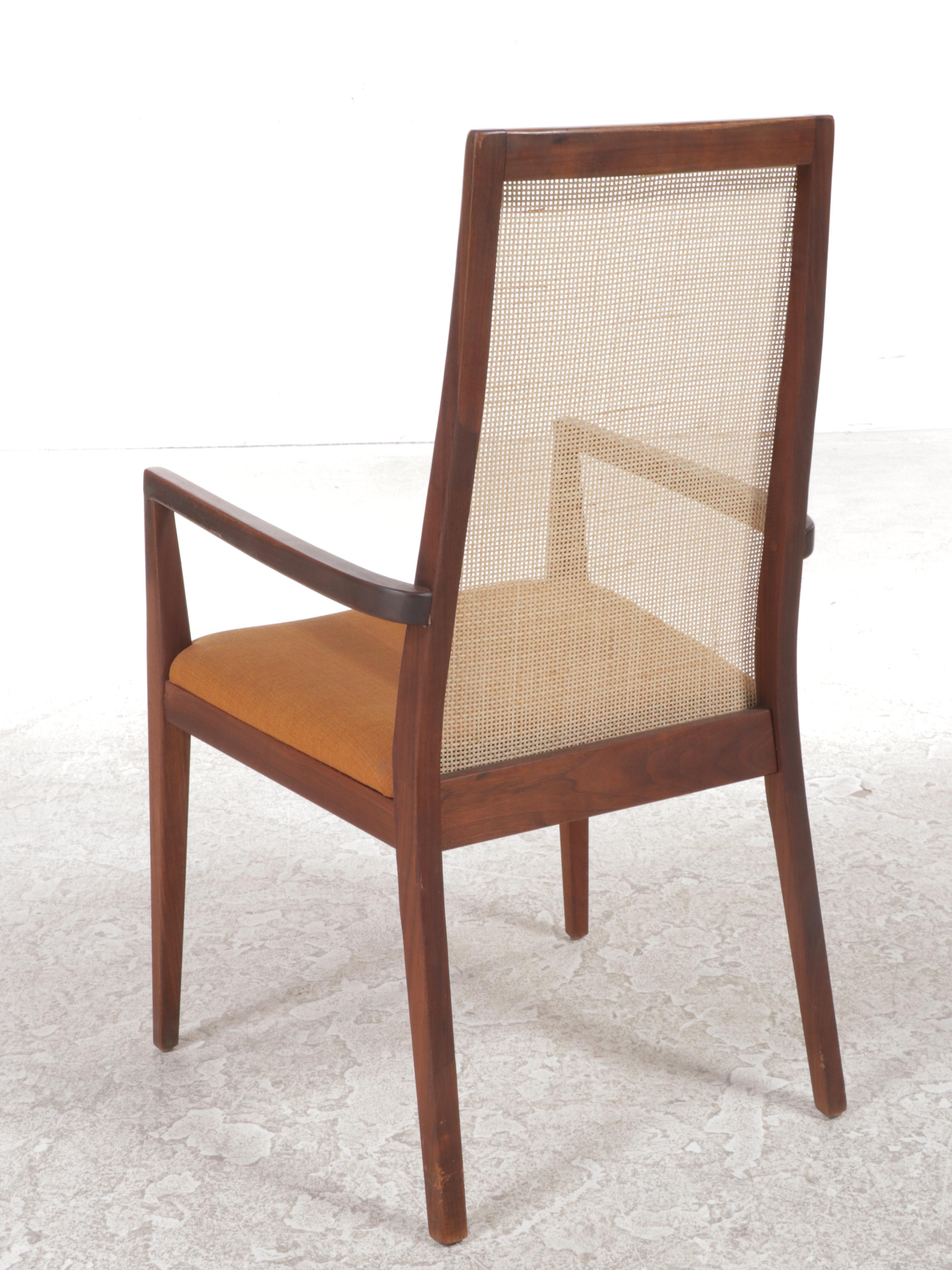 Four Dillingham Mid Century Modern Walnut and Cane Dining Chairs, 1968