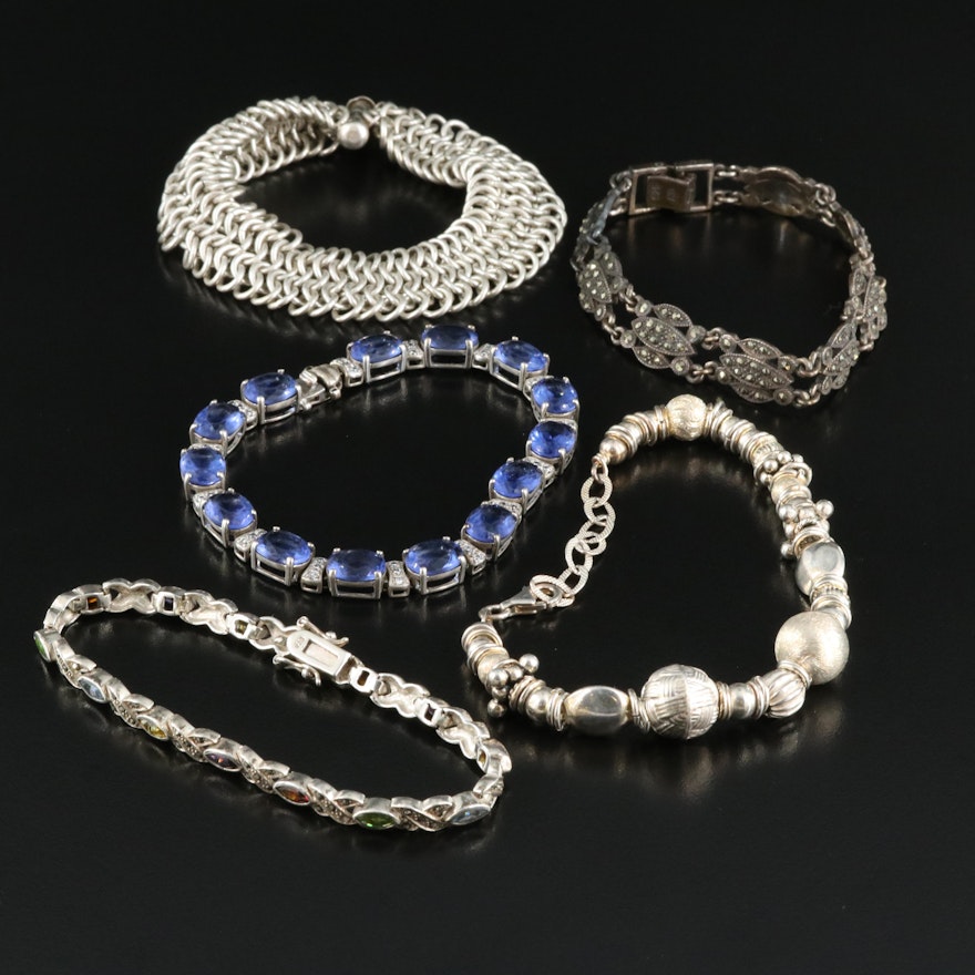 Sterling Bracelet Including Italian, Cubic Zirconia, Marcasite and Glass