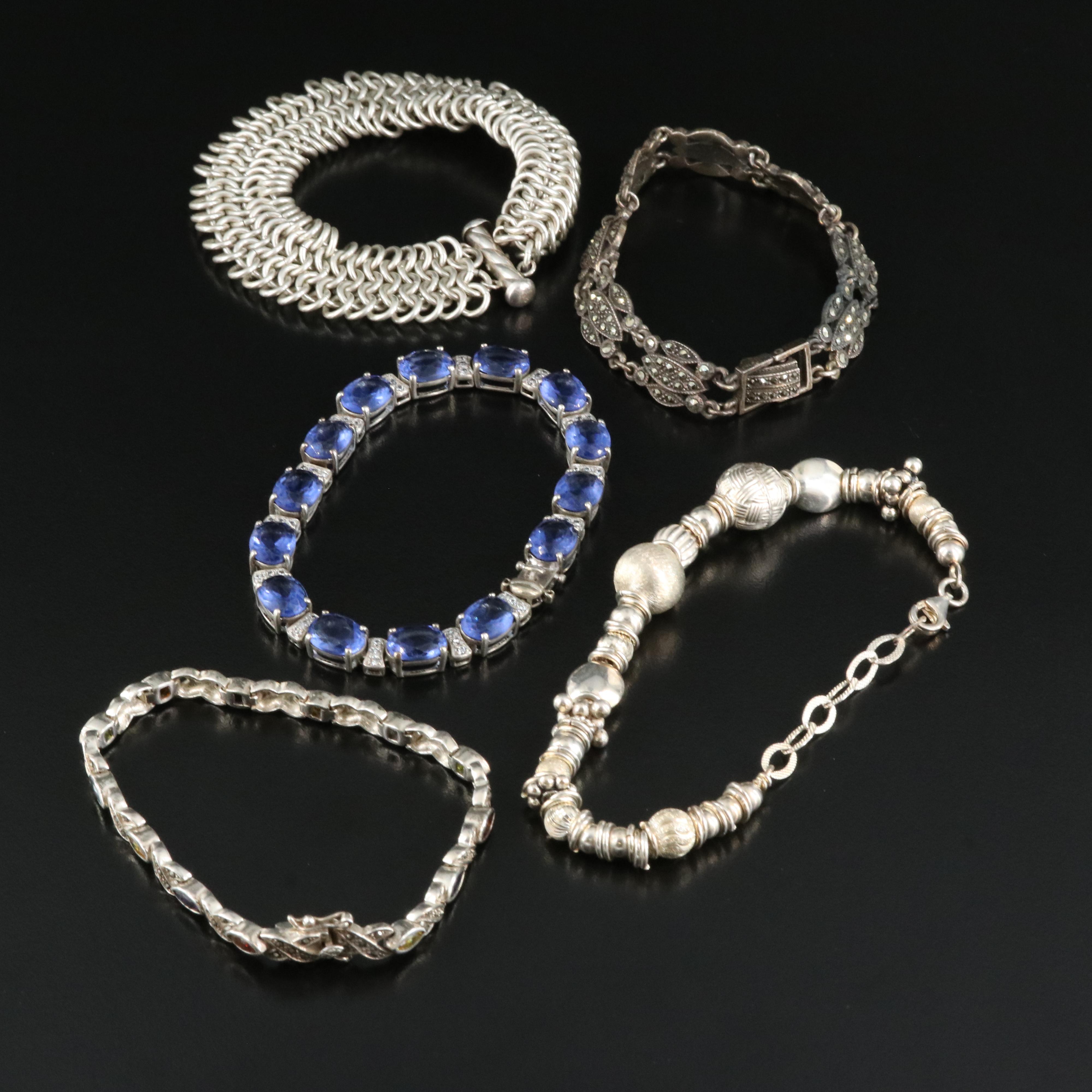 Sterling Bracelet Including Italian, Cubic Zirconia, Marcasite and Glass