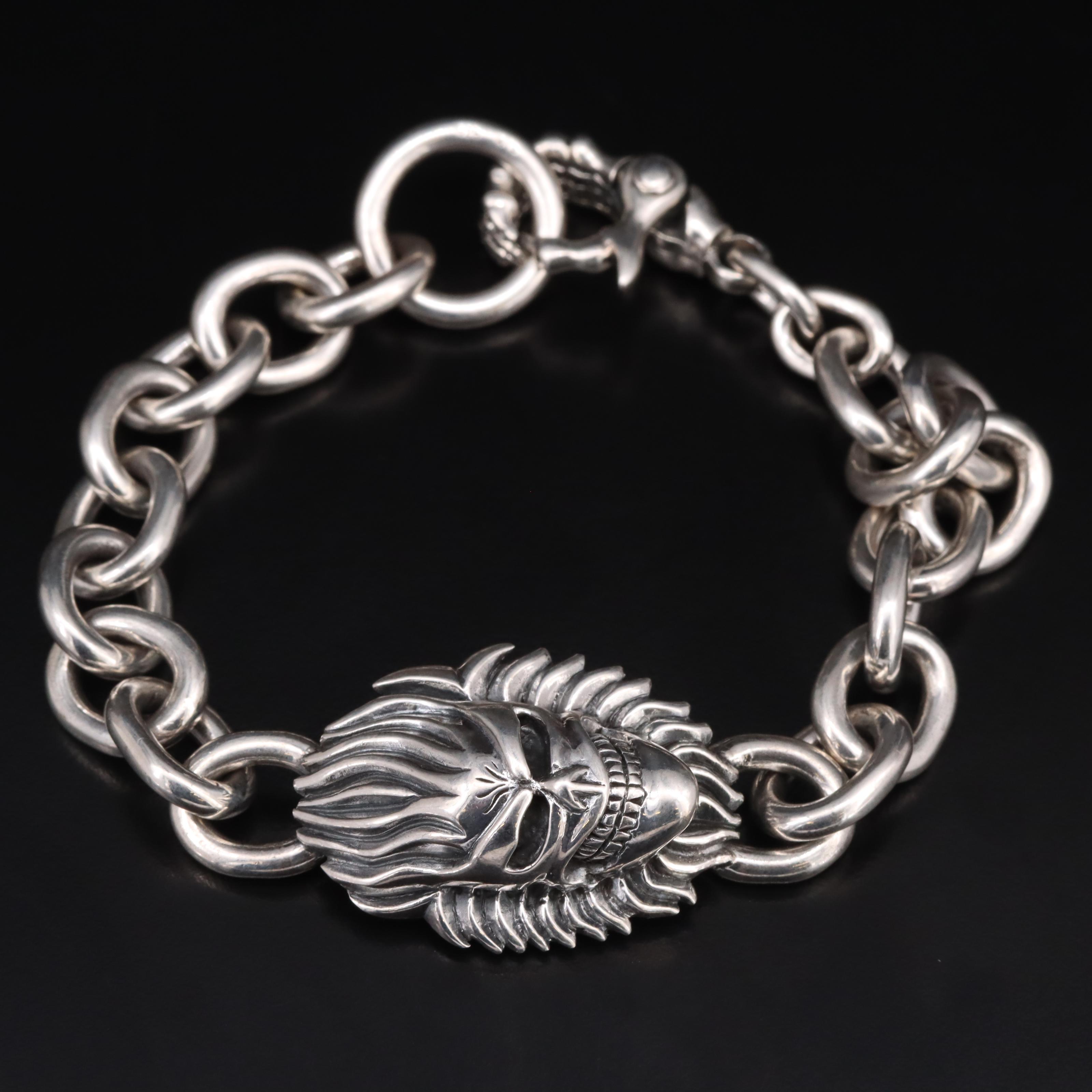 Sterling Flaming Skull Bracelet