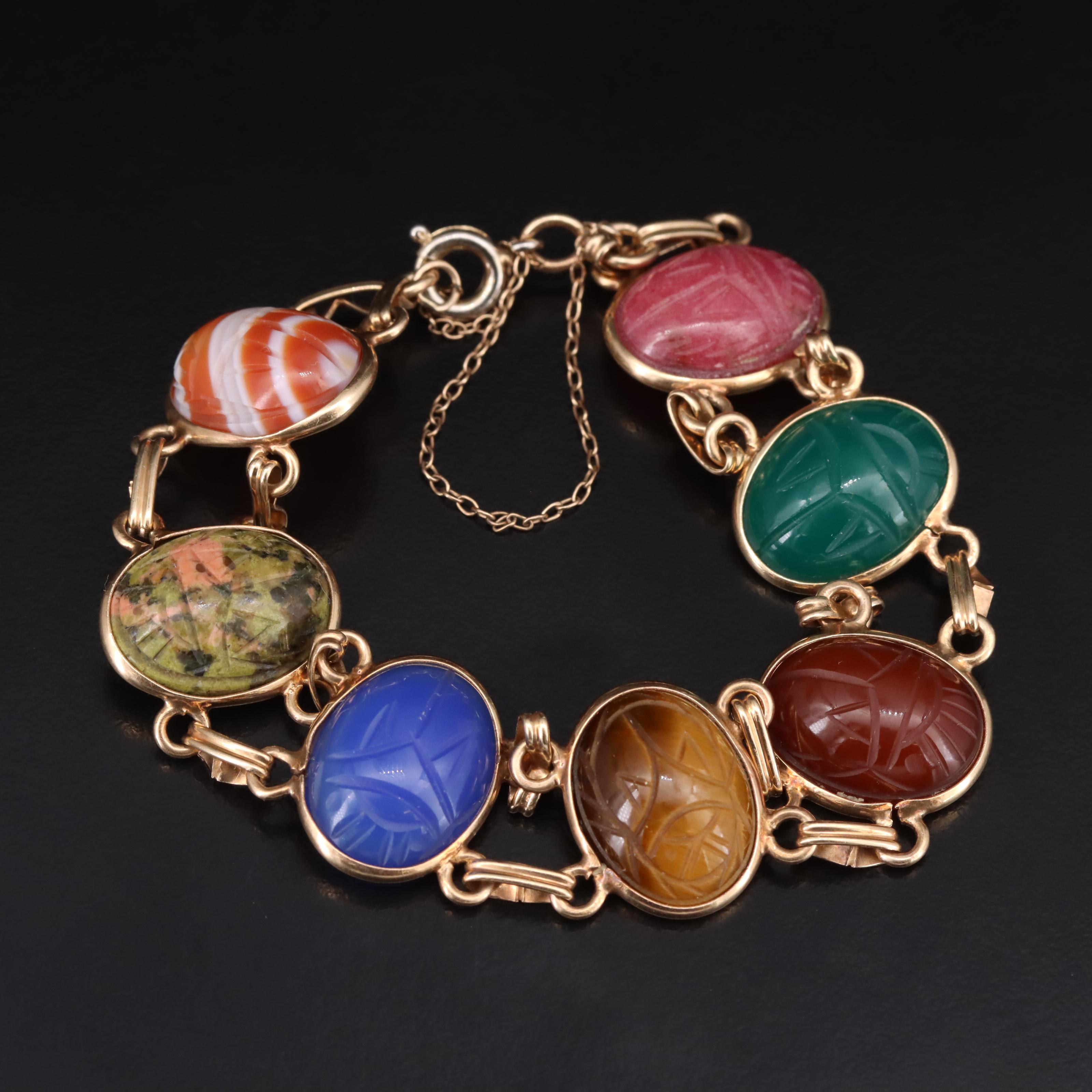14K Unakite and Gemstone Scarab Bracelet