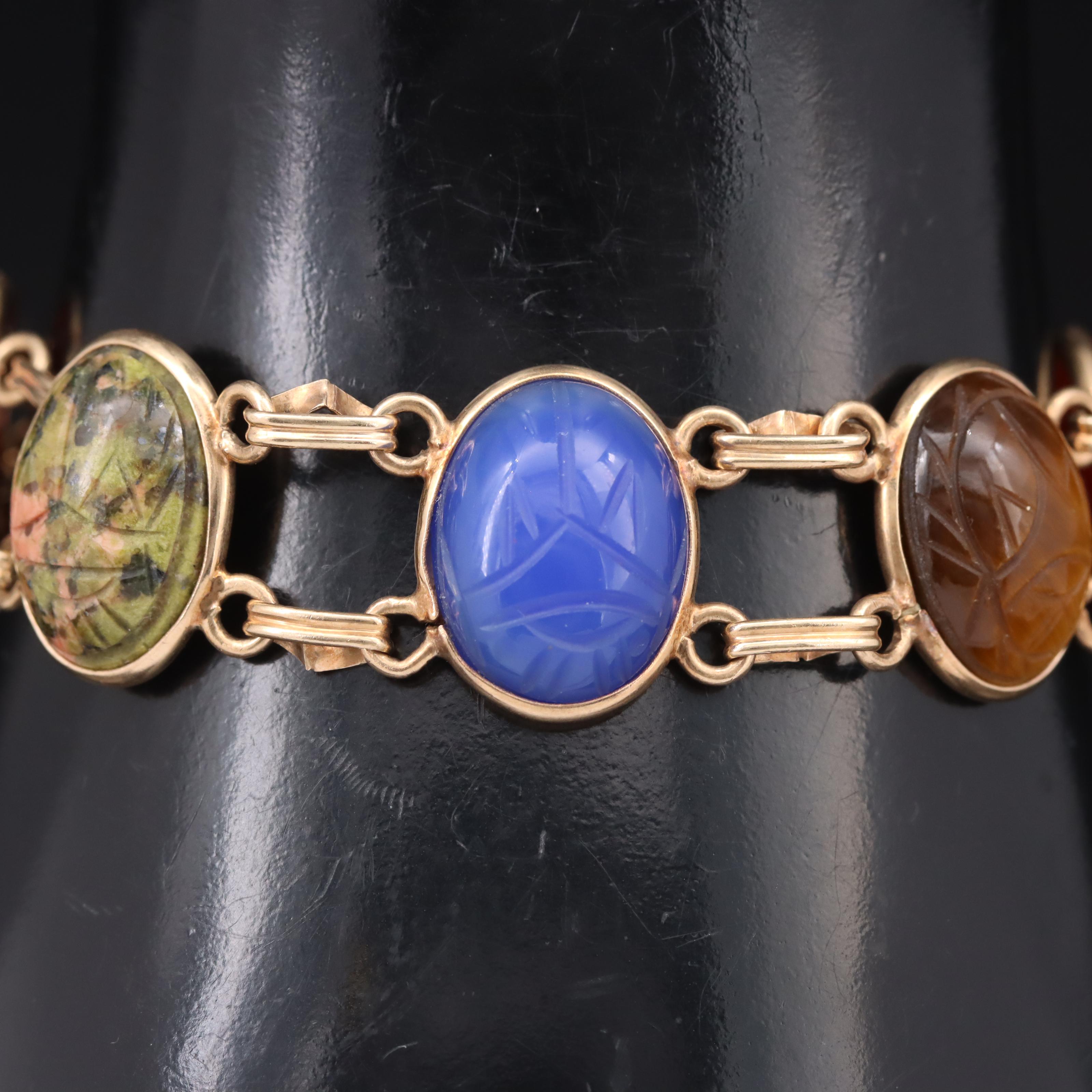 14K Unakite and Gemstone Scarab Bracelet
