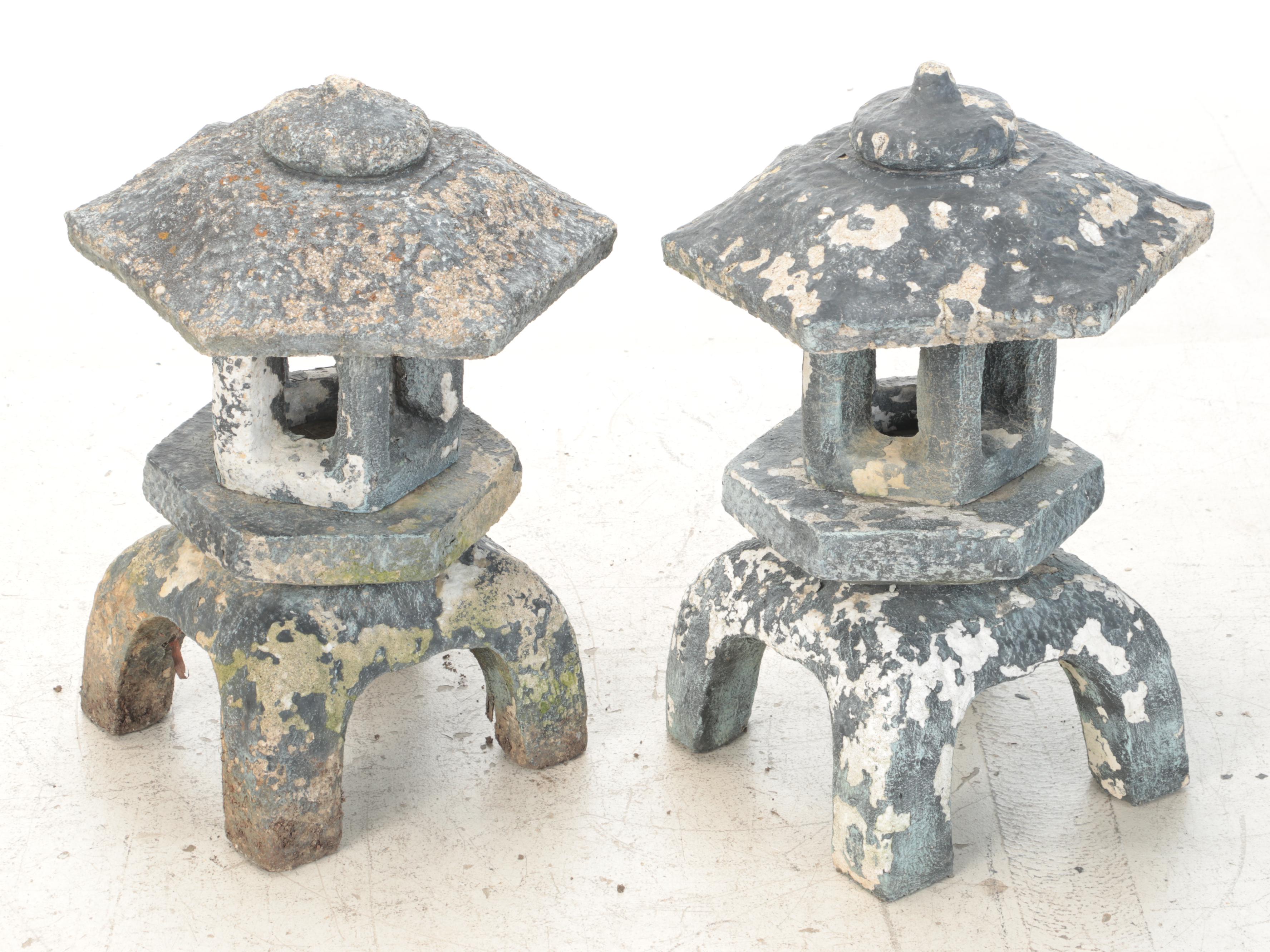 Two Painted Concrete Garden Pagoda Statues